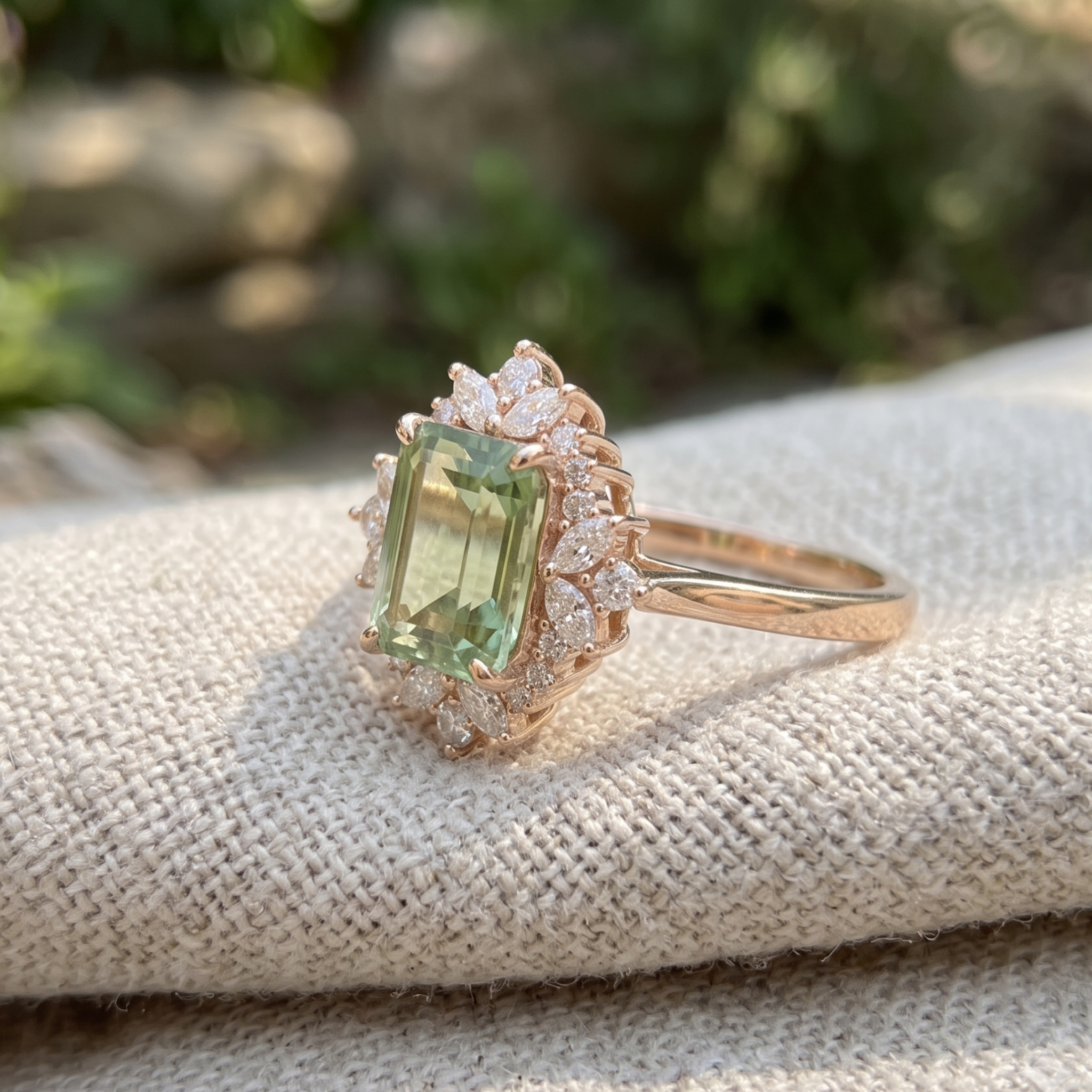 Kiashaa Jewellery 4.372 CTW green emerald diamond halo ring in polished yellow gold.