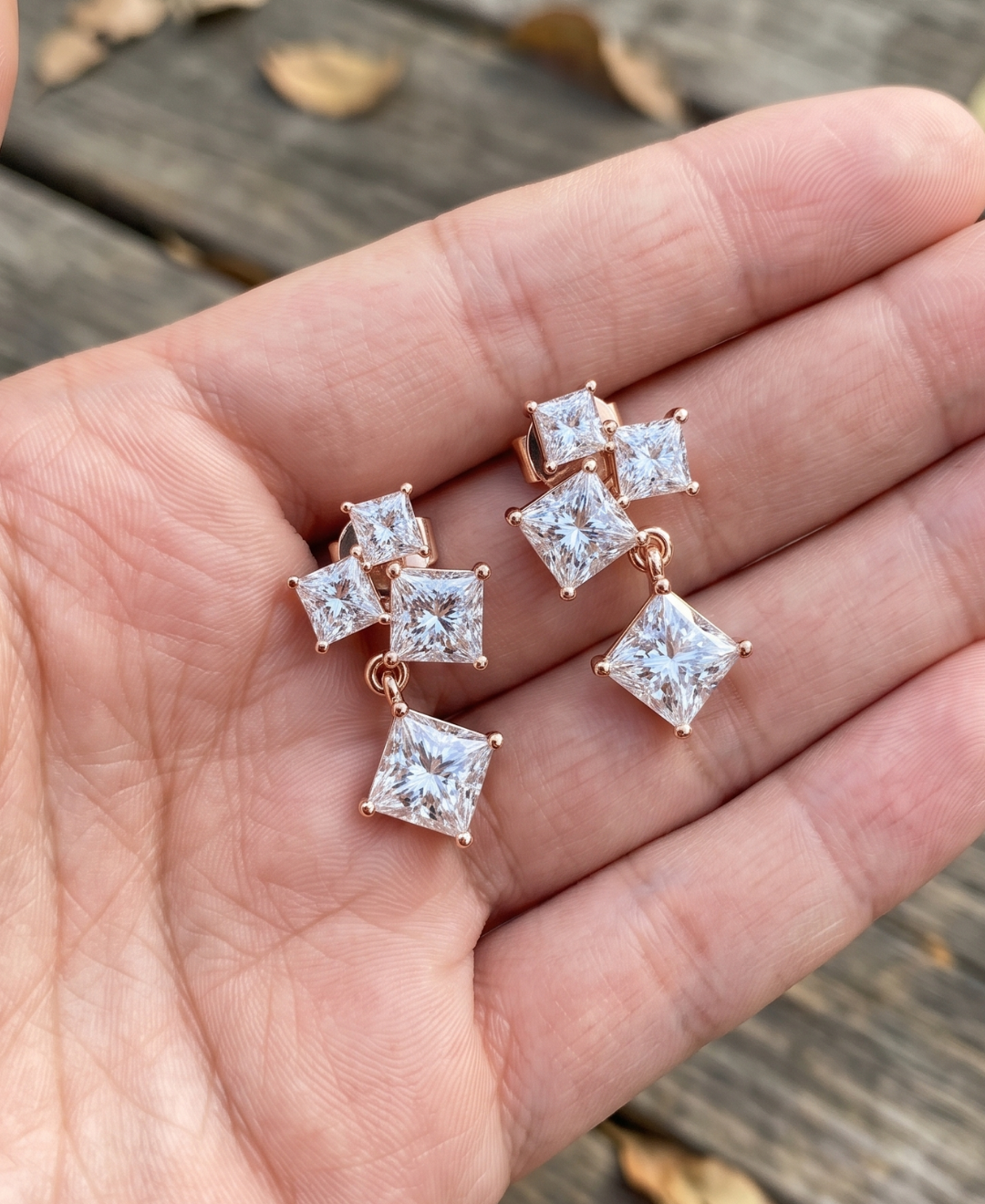 Rose gold princess diamond earrings featuring three-stone geometric clusters and articulated square-cut drops.