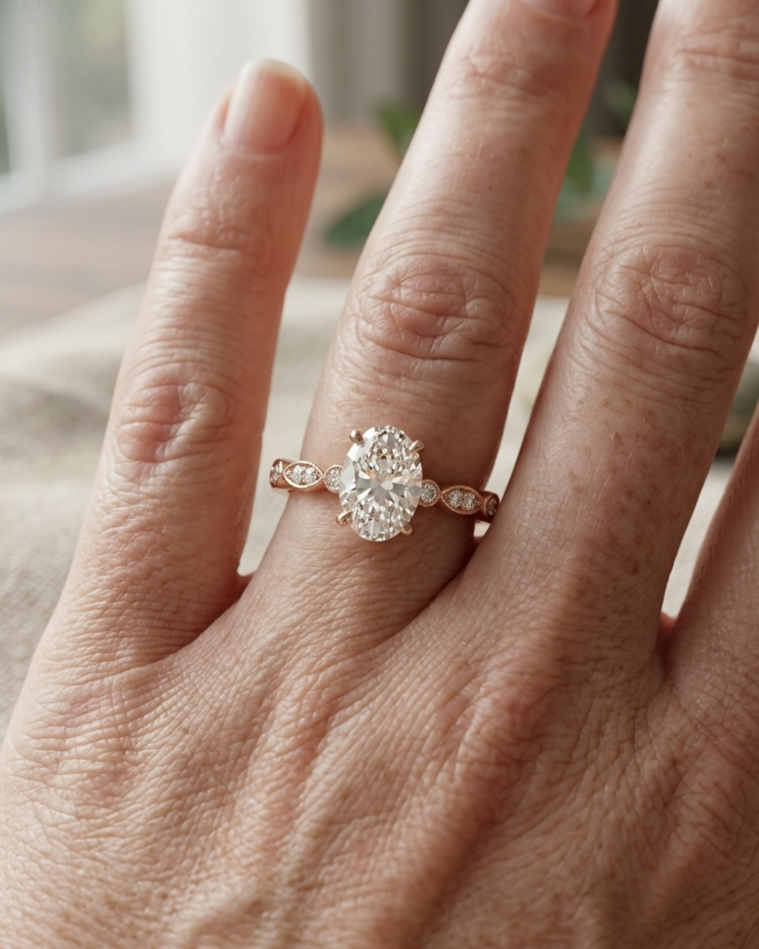 Rose gold oval lab-grown diamond engagement ring by Kiashaa Jewellery with round diamonds and leaf-style details.