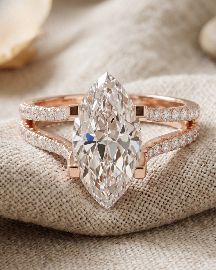 Rose gold marquise lab-grown diamond ladies ring by Kiashaa Jewellery with round accent diamonds and elegant split band.