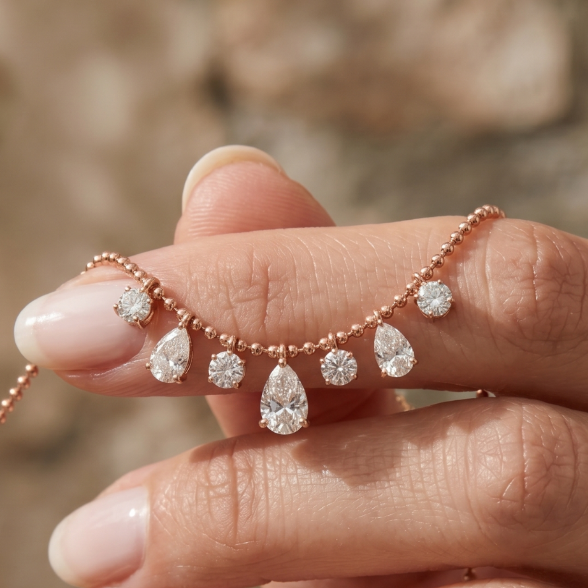A close-up of a hand holding a delicate rose gold necklace with five pear-cut clear gemstones and small round clear gemstones, set against a softly blurred natural background.