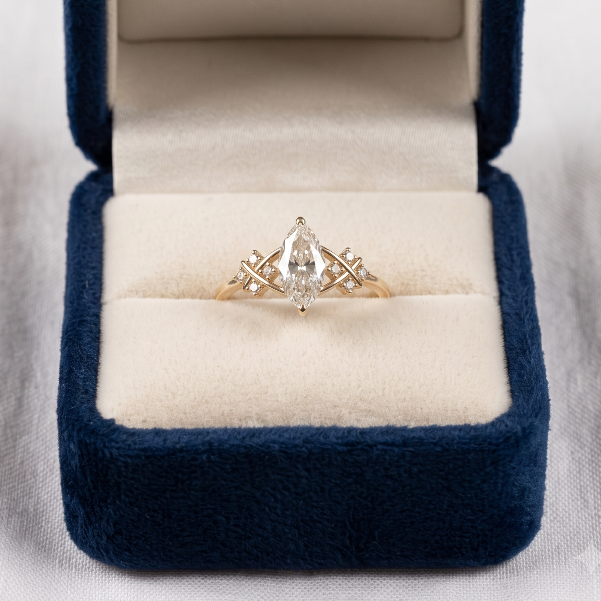 A yellow gold ring with a marquise-cut diamond center stone and small side diamonds, displayed in an open navy blue velvet ring box with a cream cushion.