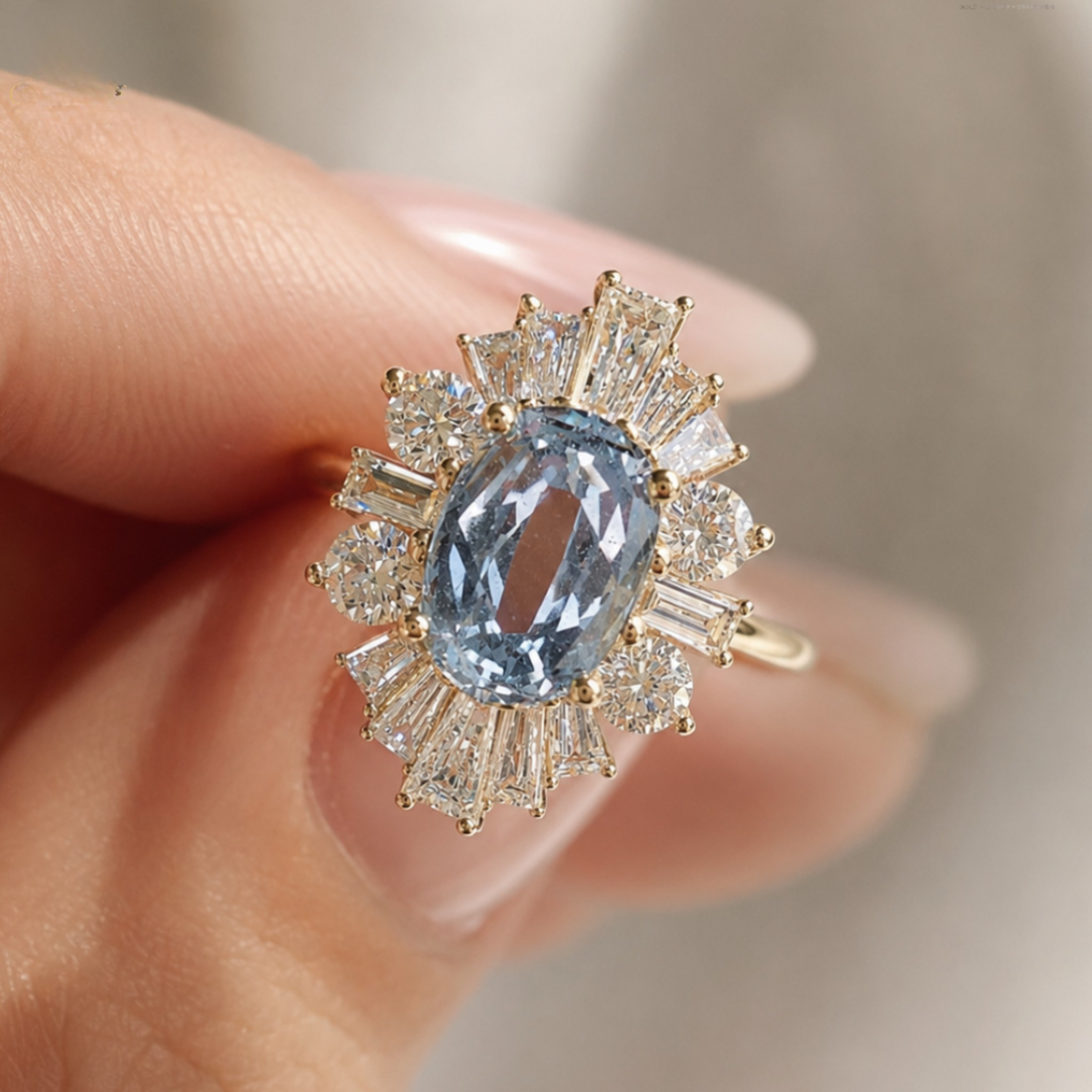 A close-up of a hand wearing a gold ring with a large oval light blue center stone surrounded by baguette and round clear stones.