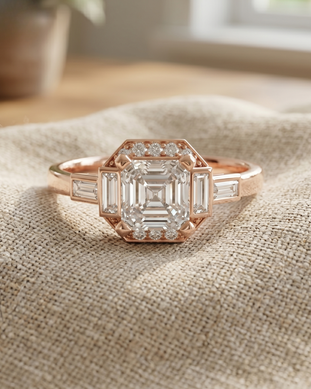 Radiant cut lab-grown diamond ring with geometric halo and round diamond accents