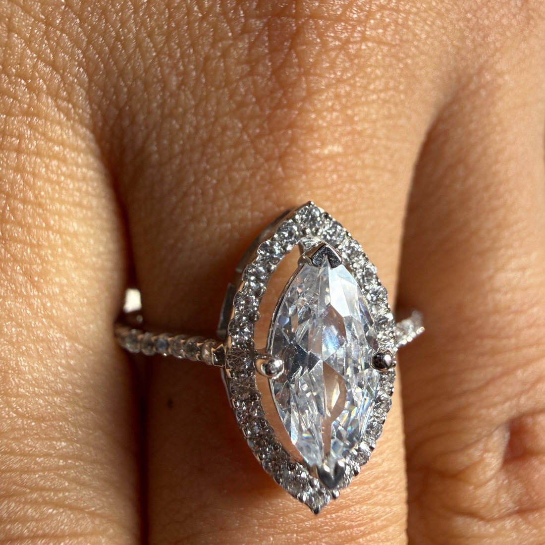 Marquise halo lab-grown diamond engagement ring in white gold by Kiashaa Jewellery.
