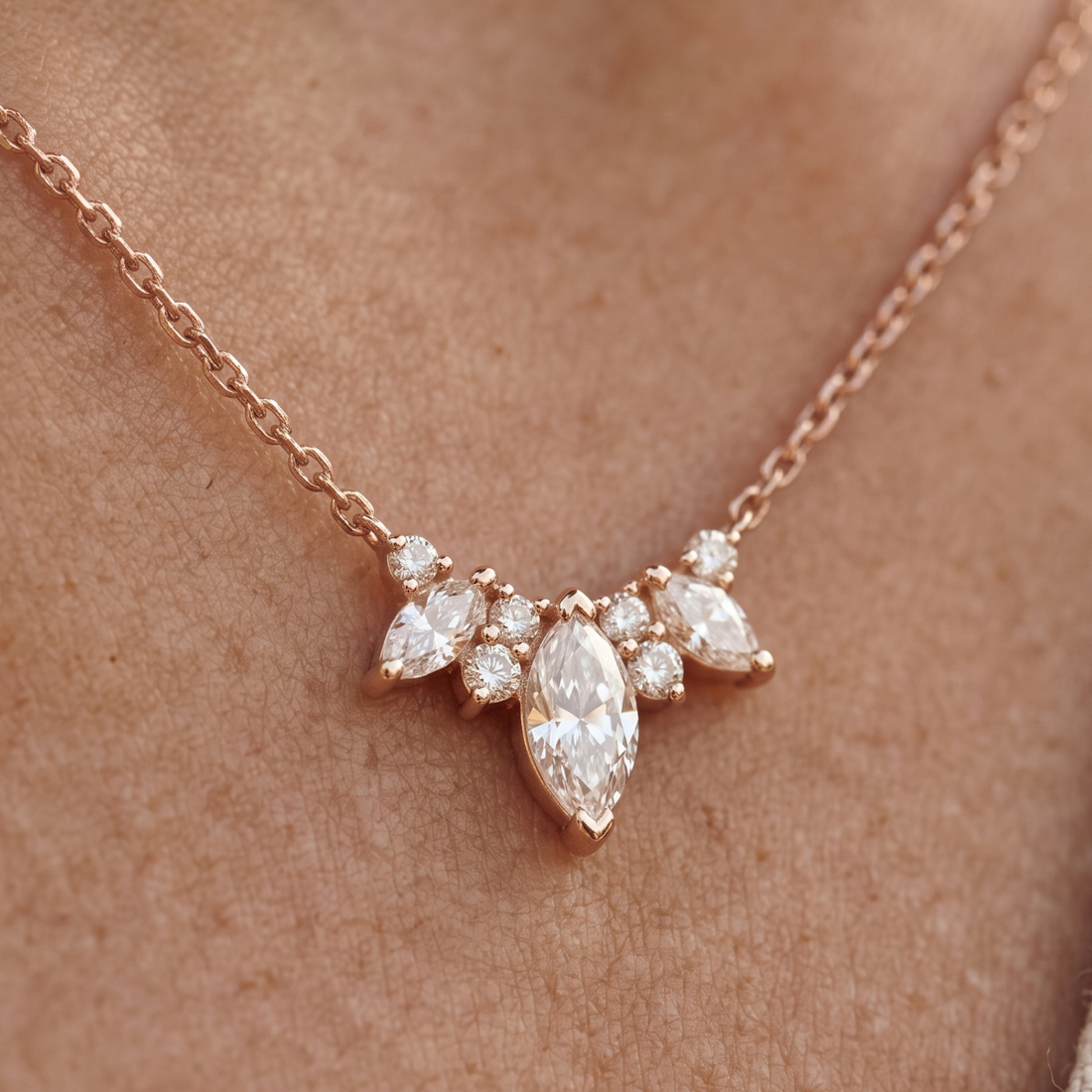 Kiashaa Jewellery 1.03 CTW marquise and round diamond cluster necklace in rose gold.