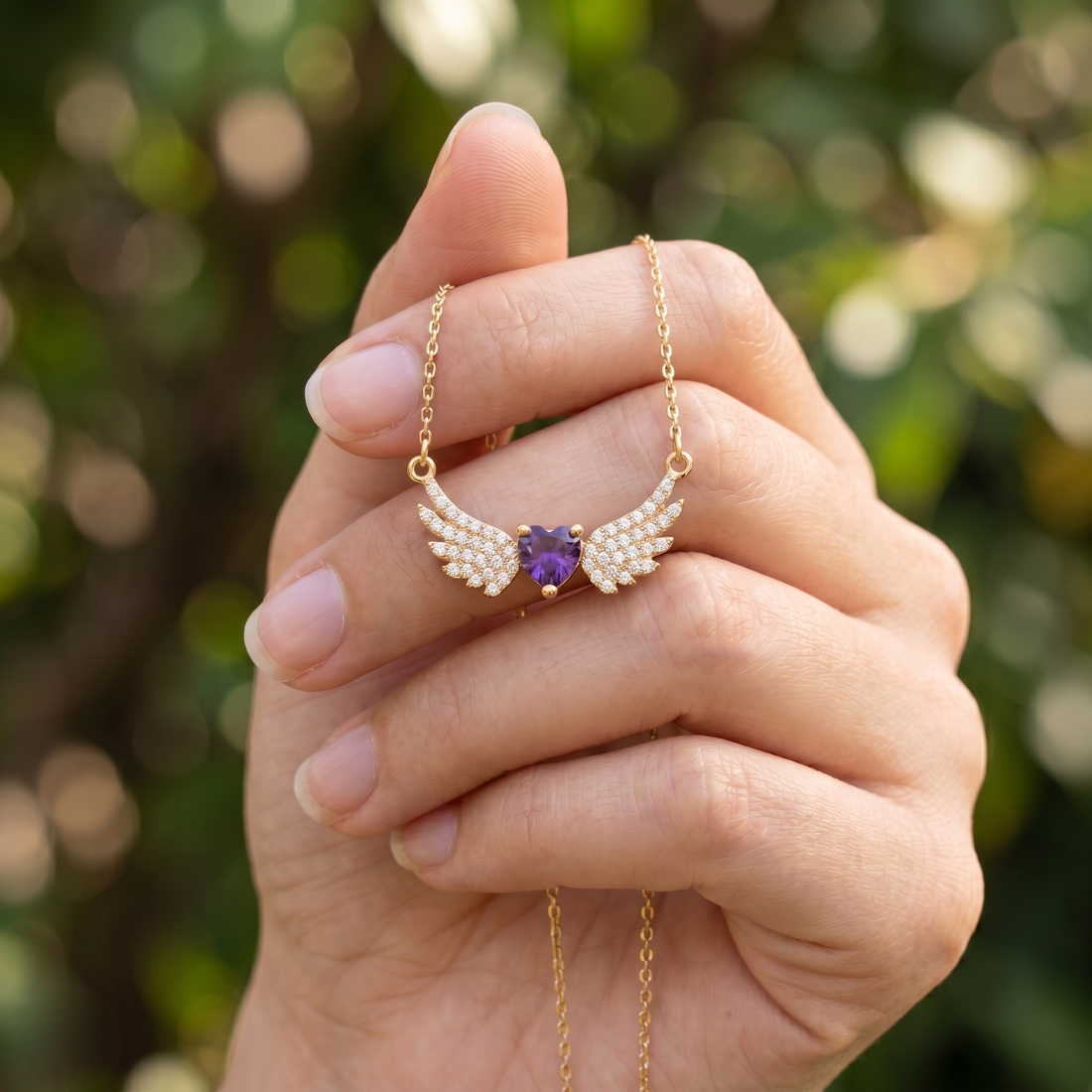 Purple heart gemstone angel wing pendant necklace in rose gold by Kiashaa Jewellery.