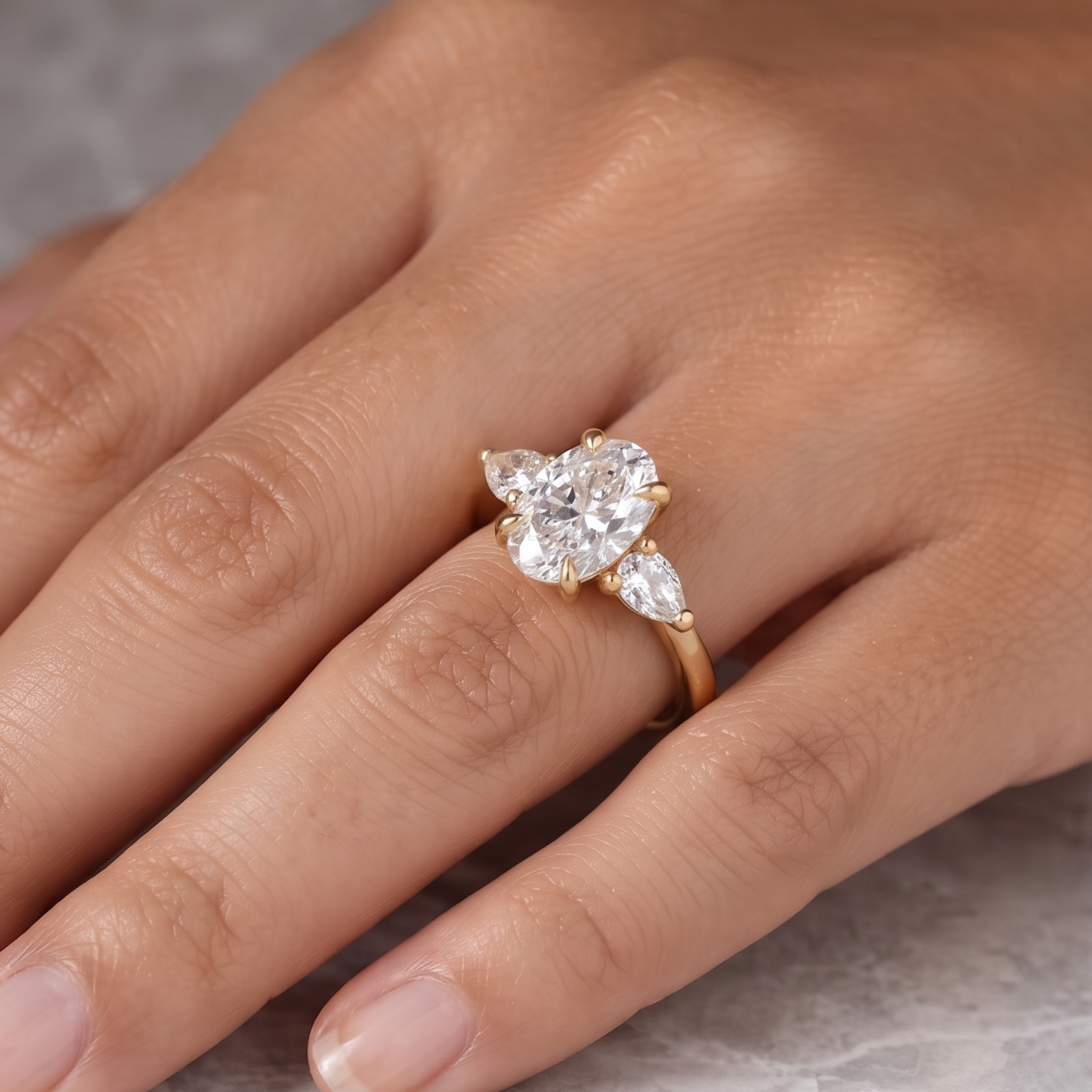 A close-up of a hand wearing a yellow gold ring with a heart-shaped cluster of clear gemstones, including a central round stone and two smaller marquise-cut side stones.