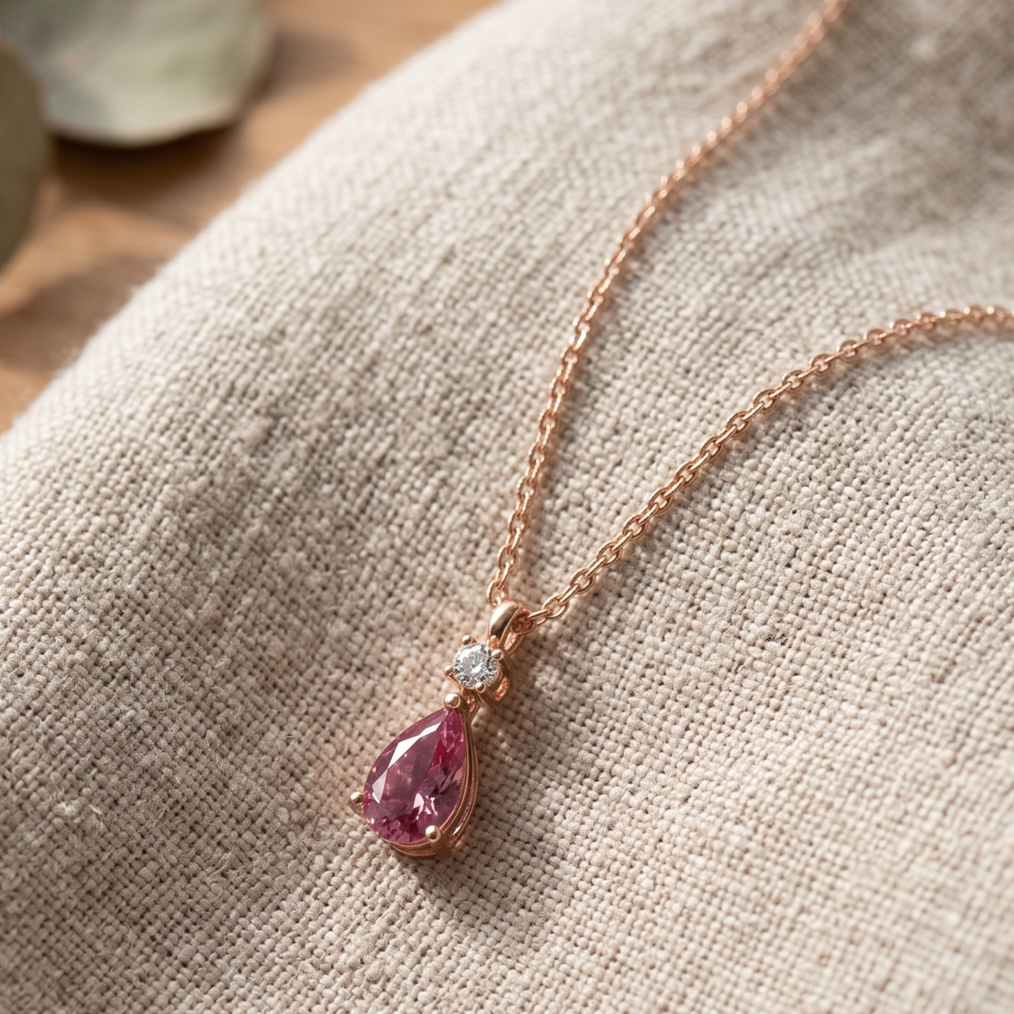 Blush Drop 0.90 CTW pink pear pendant necklace by Kiashaa Jewellery with an 8 × 5 mm pear-shaped center stone.