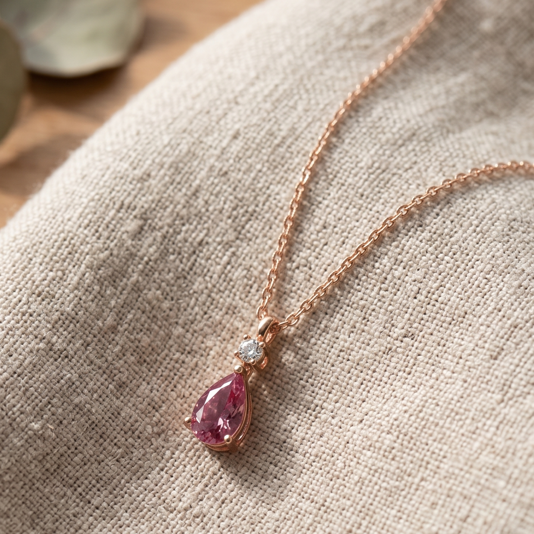 Blush Drop 0.90 CTW pink pear pendant necklace by Kiashaa Jewellery with an 8 × 5 mm pear-shaped center stone.