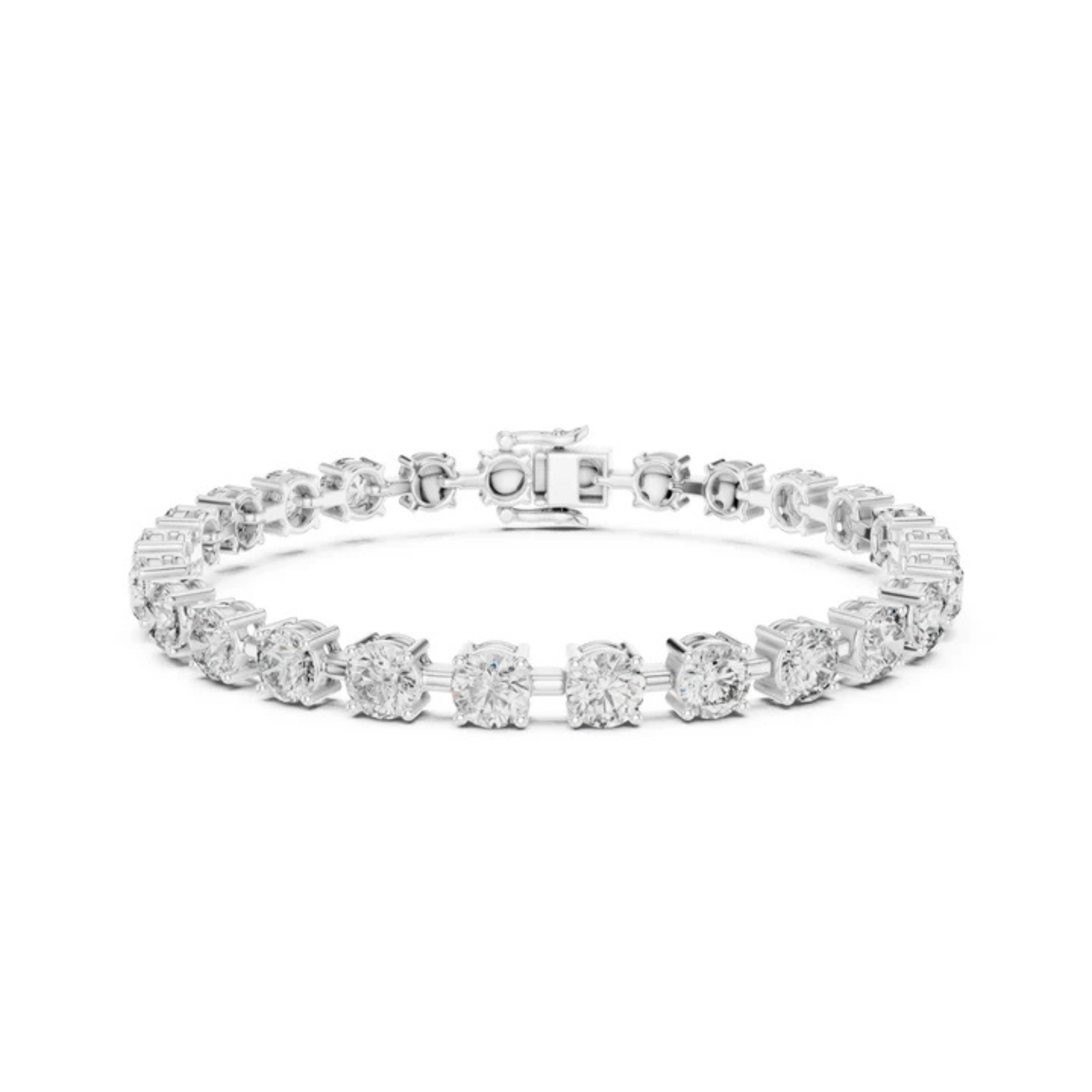 A diamond tennis bracelet in a silver-toned setting, arranged in a circular shape against a plain white background.