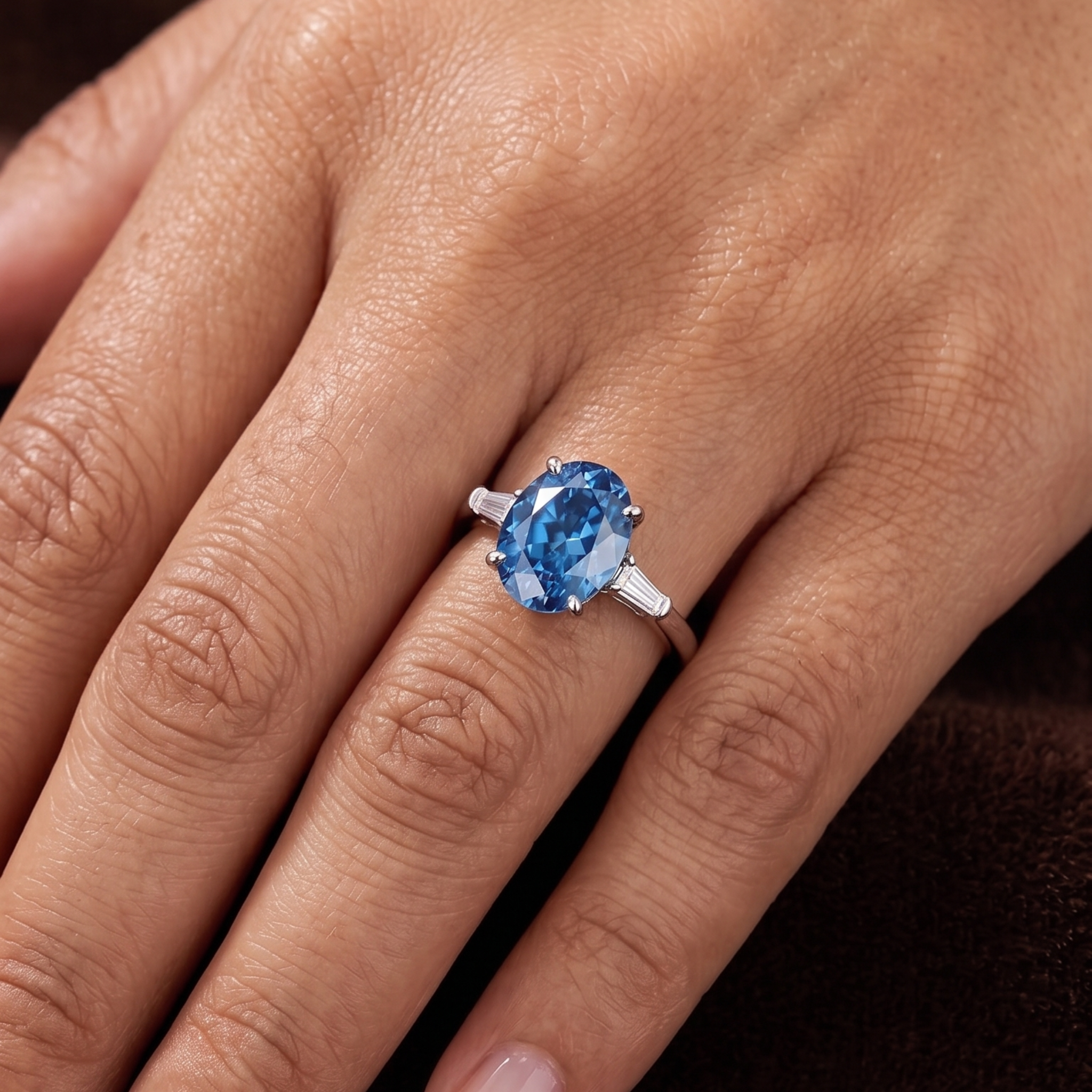 A close-up of a hand wearing a silver ring with an oval-cut blue gemstone.