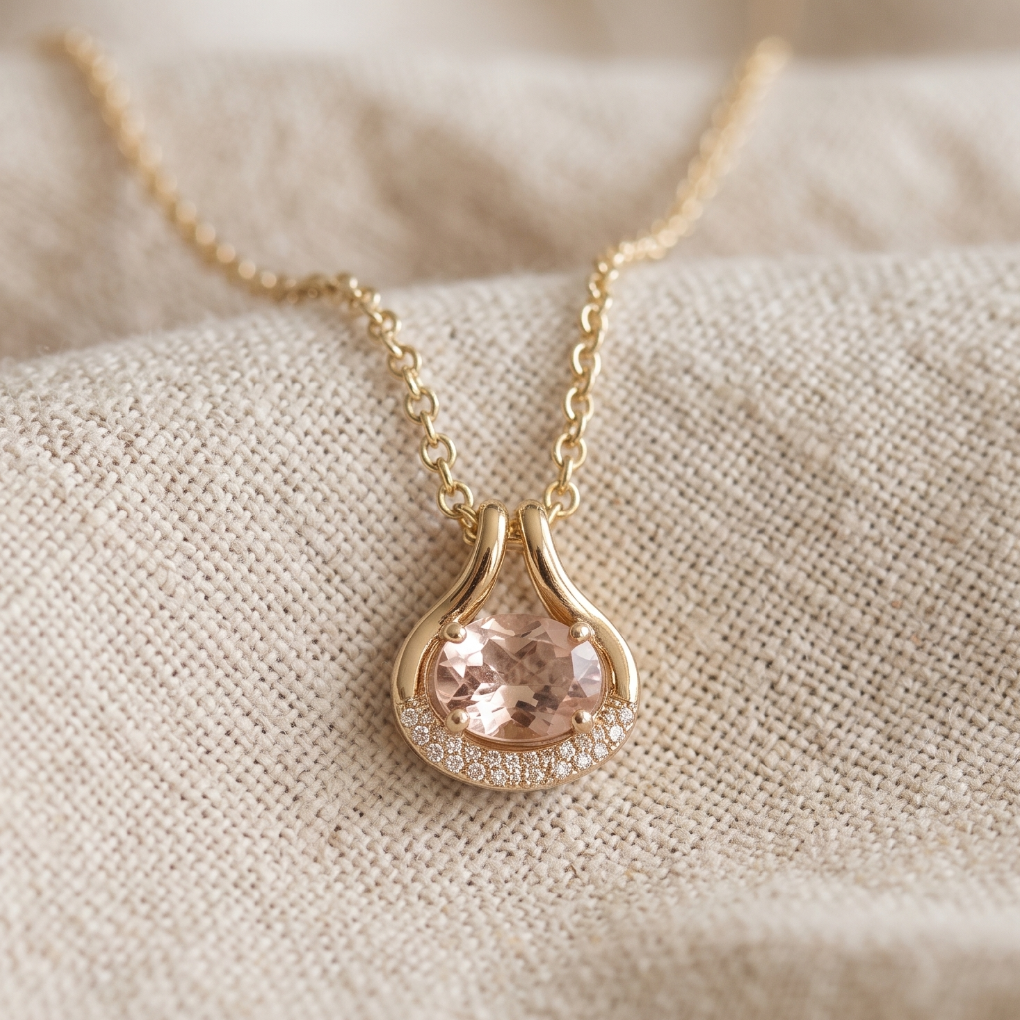 A gold teardrop pendant necklace with a central pale pink gemstone and a halo of small clear stones, displayed on a textured beige fabric background.