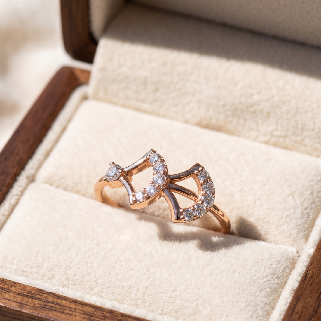 A rose gold ring with clear gemstones in a bow-like design, displayed inside an open cream-colored jewelry box.
