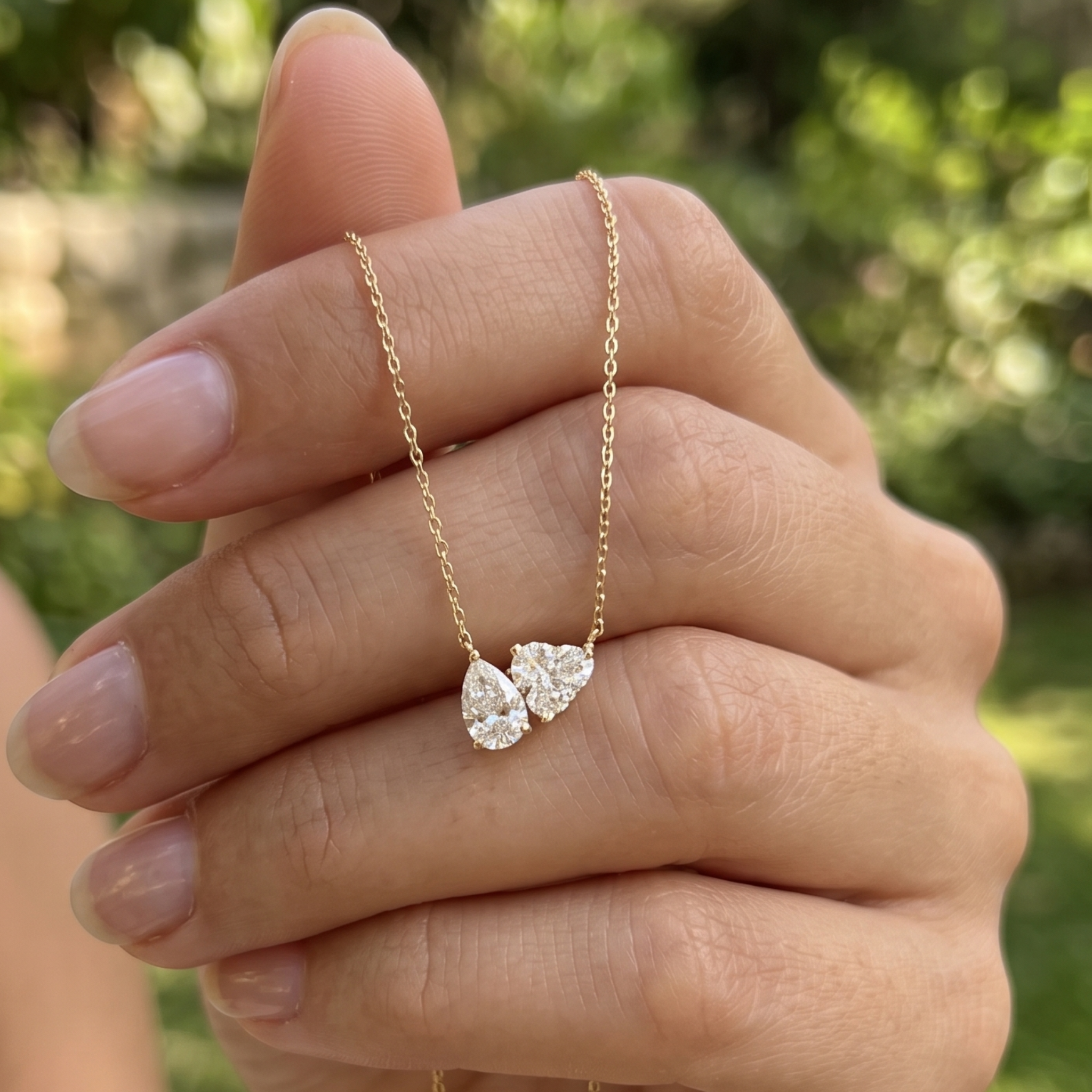 Kiashaa Jewellery 1.45 CTW pear and heart diamond necklace in polished yellow gold.