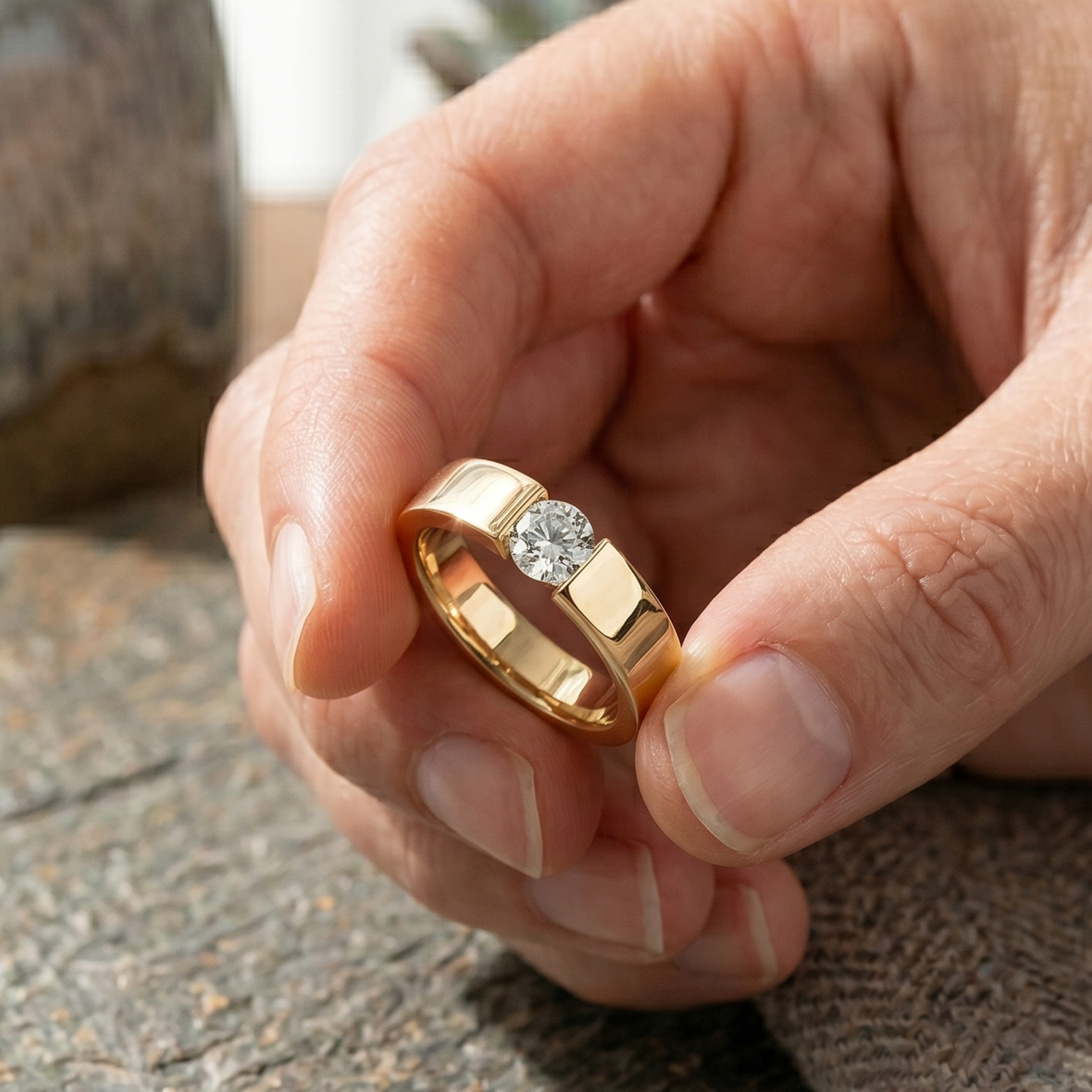 A close-up of a hand holding a polished yellow gold ring with a single round-cut clear gemstone, set against a softly blurred background.