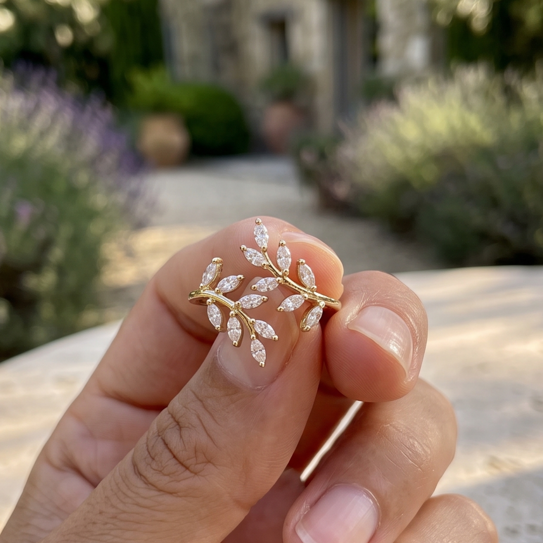 Kiashaa Jewellery 1.12 CTW marquise diamond leaf ring in polished yellow gold.