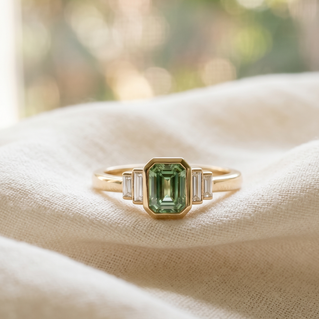 Kiashaa Jewellery 2.13 CTW green emerald and baguette diamond ring in polished yellow gold.