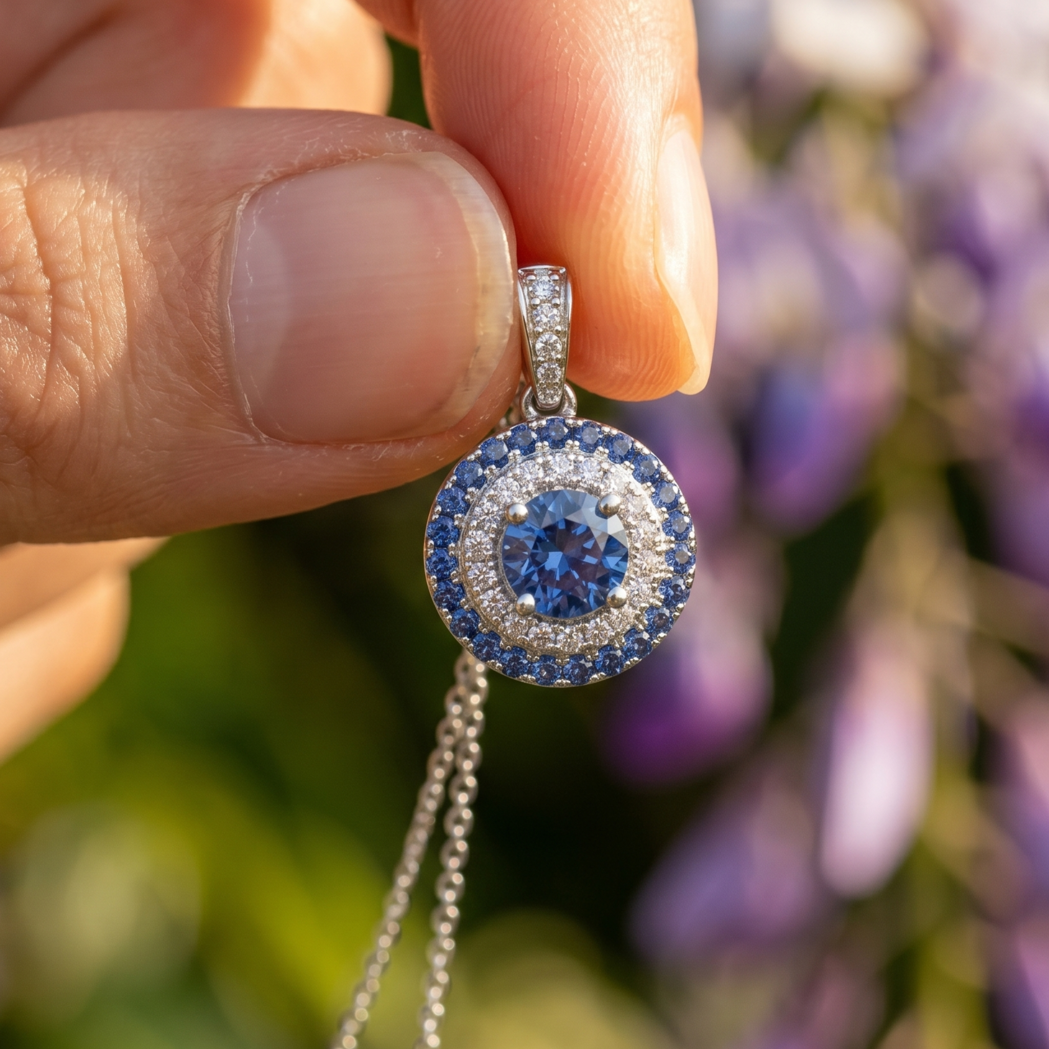 A close-up of a hand holding a round silver pendant with a blue center stone and surrounding silver and white stone halo, with a blurred outdoor background of green foliage and purple flowers.