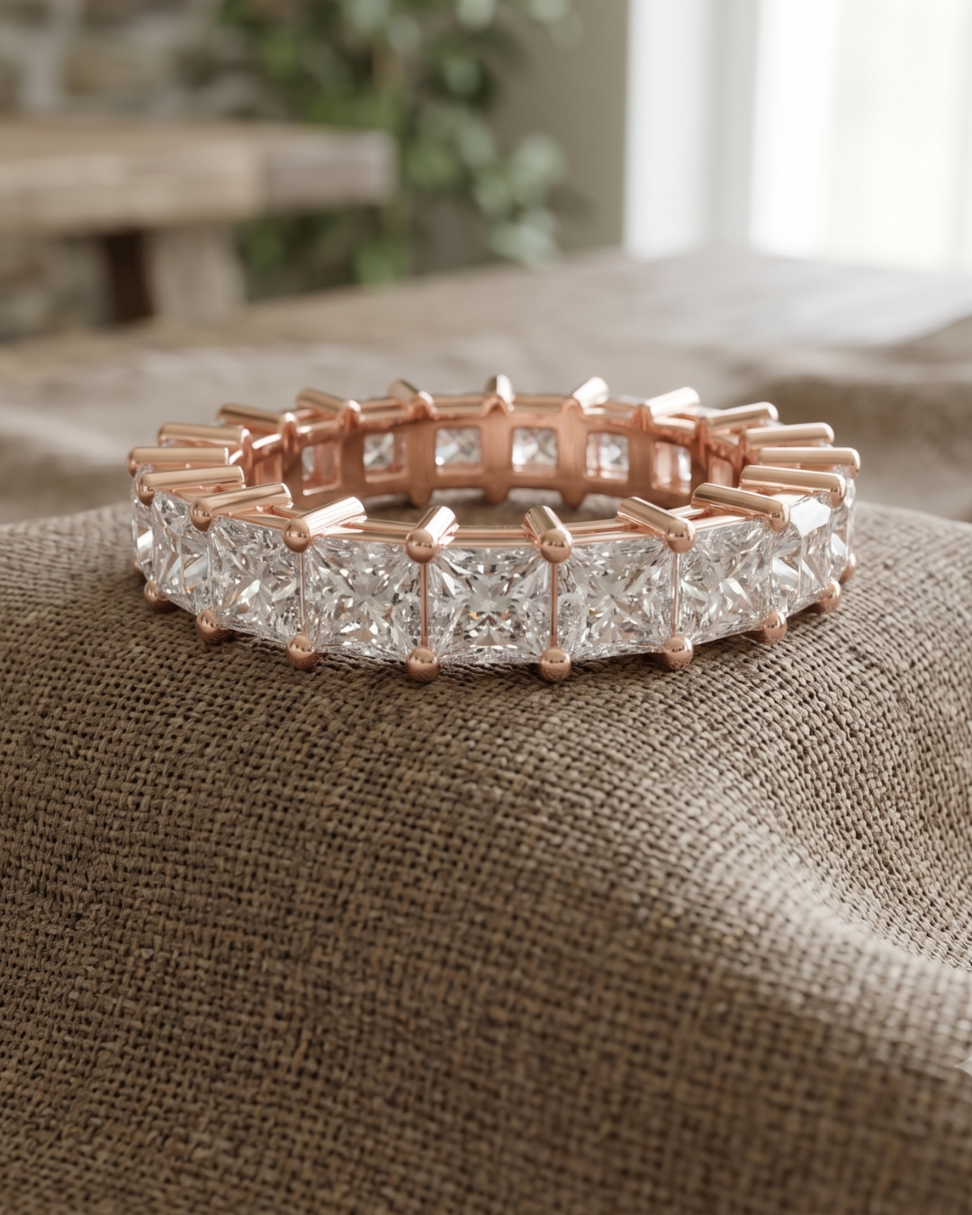 Rose gold princess-cut lab-grown diamond eternity ring by Kiashaa Jewellery for women with a luxurious band.