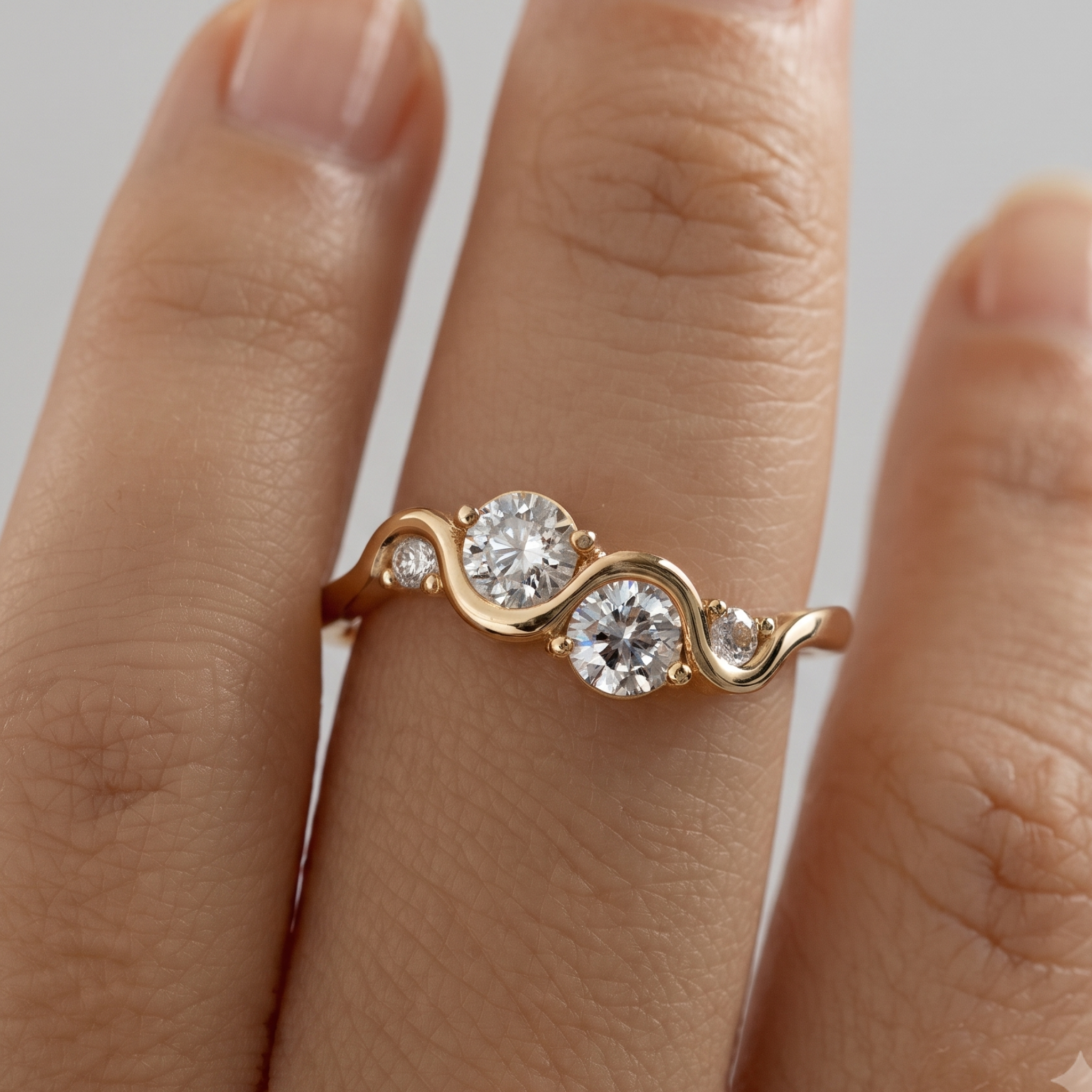 A gold ring with three round-cut clear gemstones set on a person's finger, shown in a close-up shot.