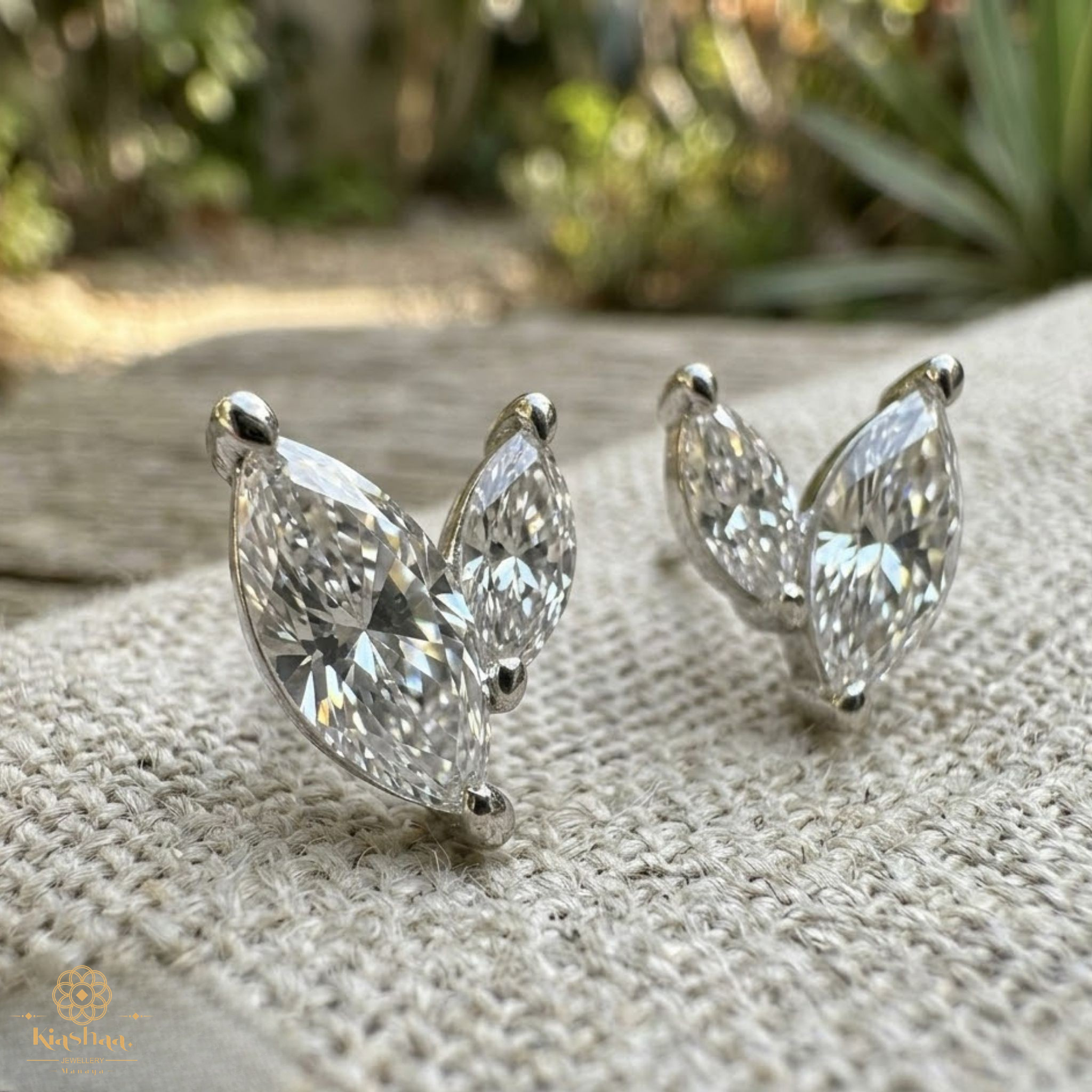 Two-Marquise Diamond Leaf Stud Earrings in 9K, 14K & 18K Gold