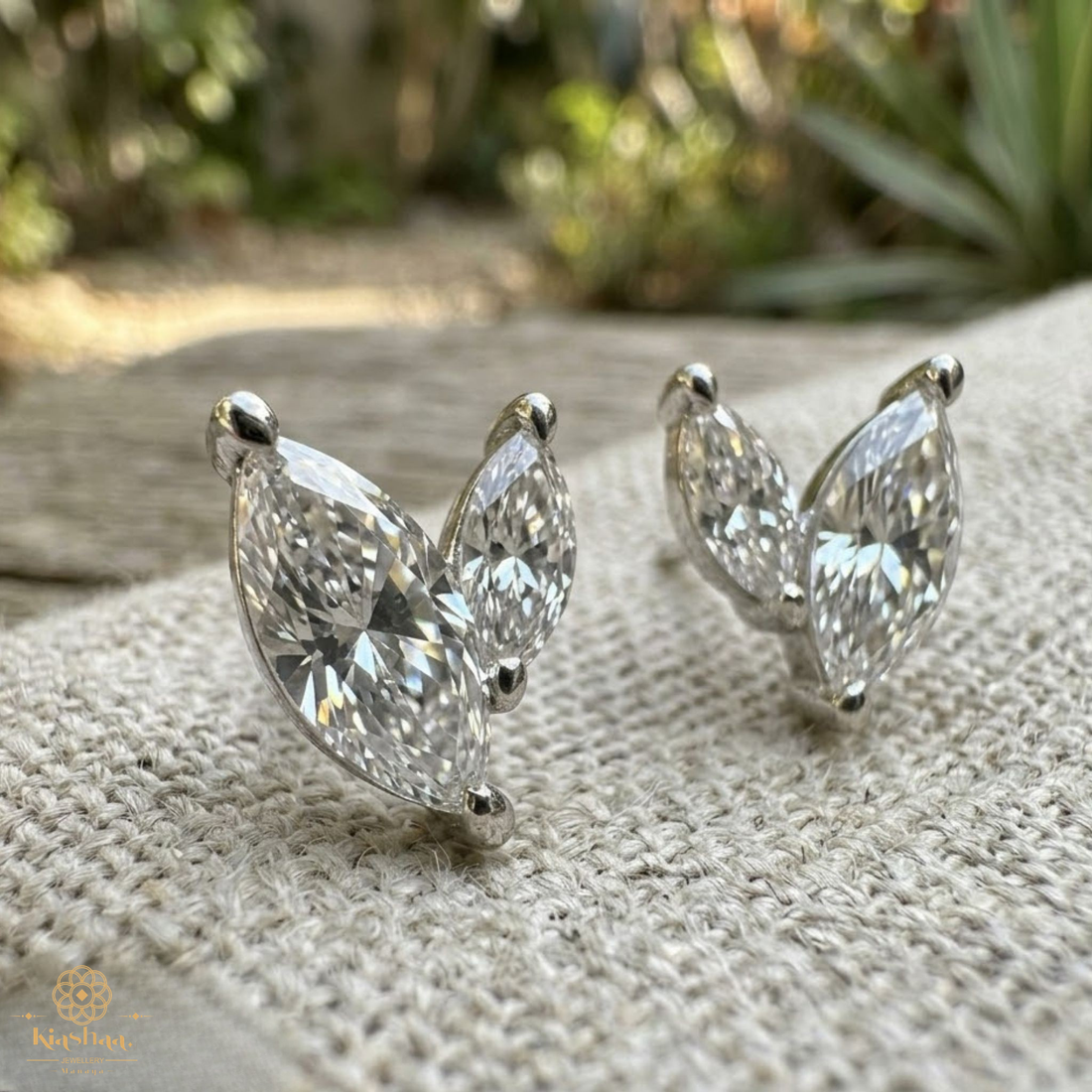 Two-Marquise Diamond Leaf Stud Earrings in 9K, 14K & 18K Gold