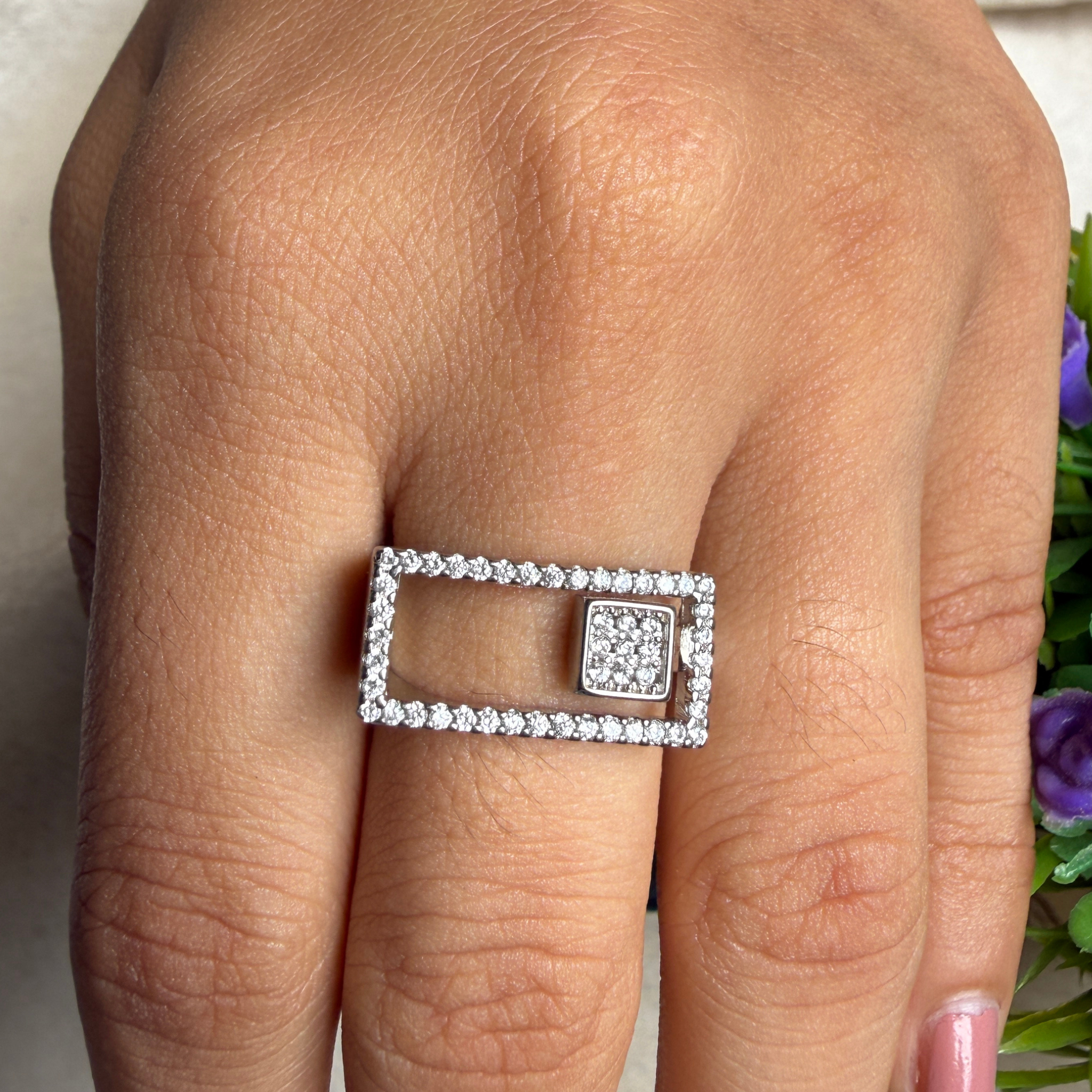 Geometric lab-grown diamond open rectangle ring in white gold by Kiashaa Jewellery.