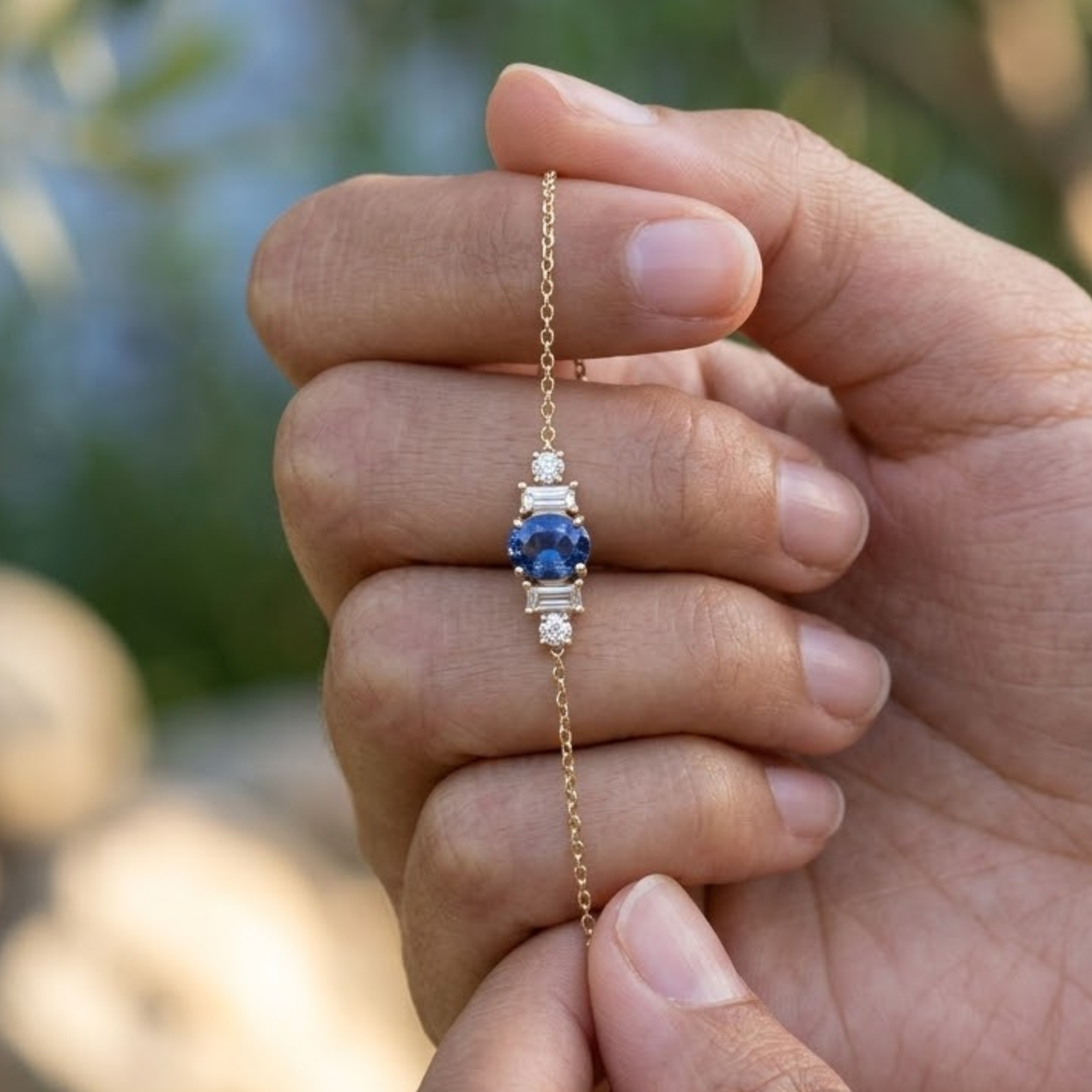 1.18 CTW Oval Blue Gemstone & Diamond Station Bracelet