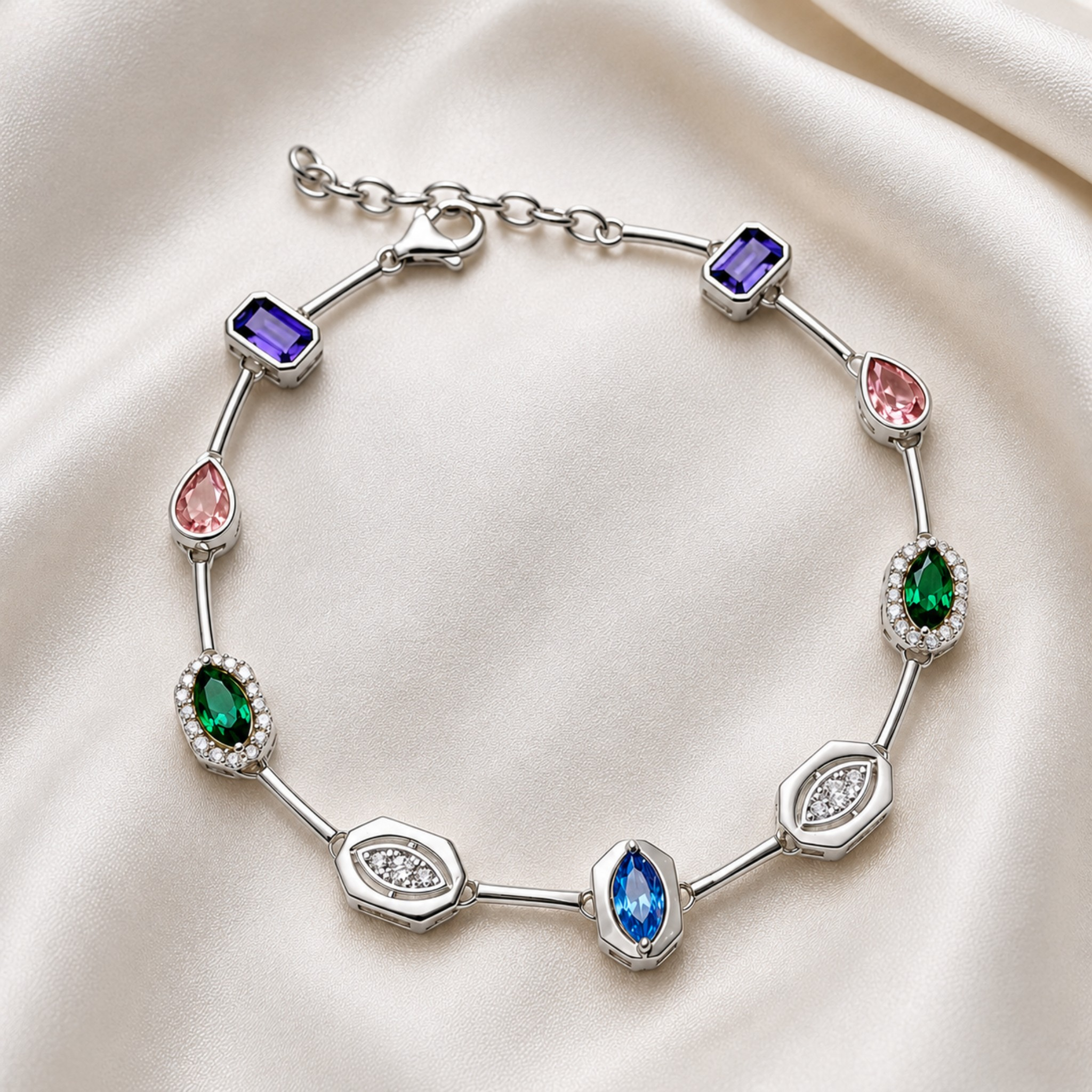 A silver link bracelet with multiple colorful gemstones, displayed on a cream satin fabric background. The bracelet features a central blue marquise-cut stone, a blue oval stone, green heart-shaped stones, pink marquise stones, and purple rectangular stones, all set in silver with small clear accent stones.