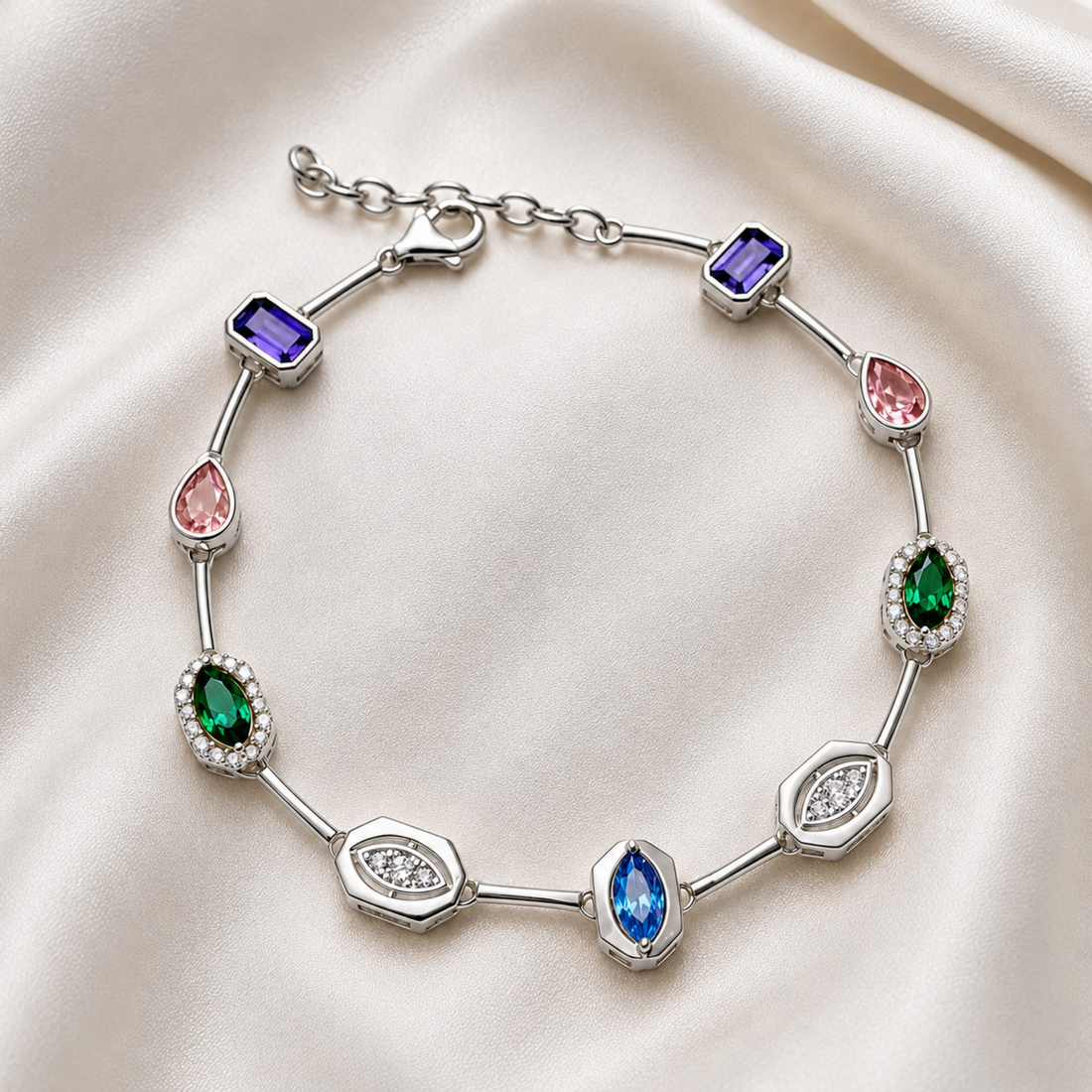 A silver link bracelet with multiple colorful gemstones, displayed on a cream satin fabric background. The bracelet features a central blue marquise-cut stone, a blue oval stone, green heart-shaped stones, pink marquise stones, and purple rectangular stones, all set in silver with small clear accent stones.