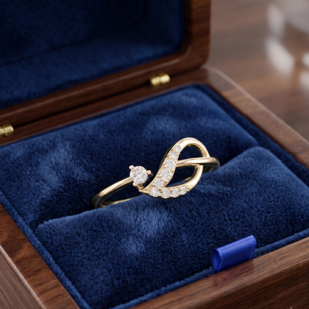 A gold ring with a small cluster of clear stones on one end and a curved, openwork design on the other, displayed in an open wooden jewelry box with a dark blue velvet insert.