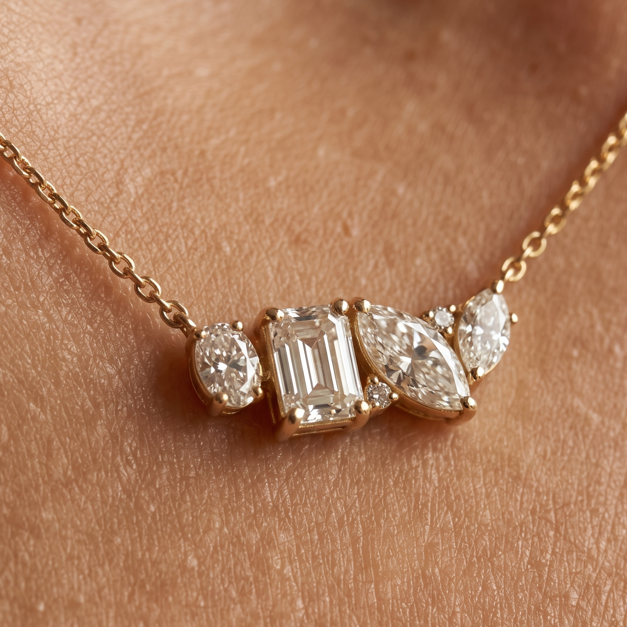 Kiashaa Jewellery 2.25 CTW multi-shape diamond cluster necklace in polished yellow gold.