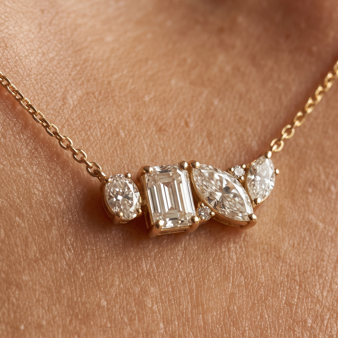 Kiashaa Jewellery 2.25 CTW multi-shape diamond cluster necklace in polished yellow gold.