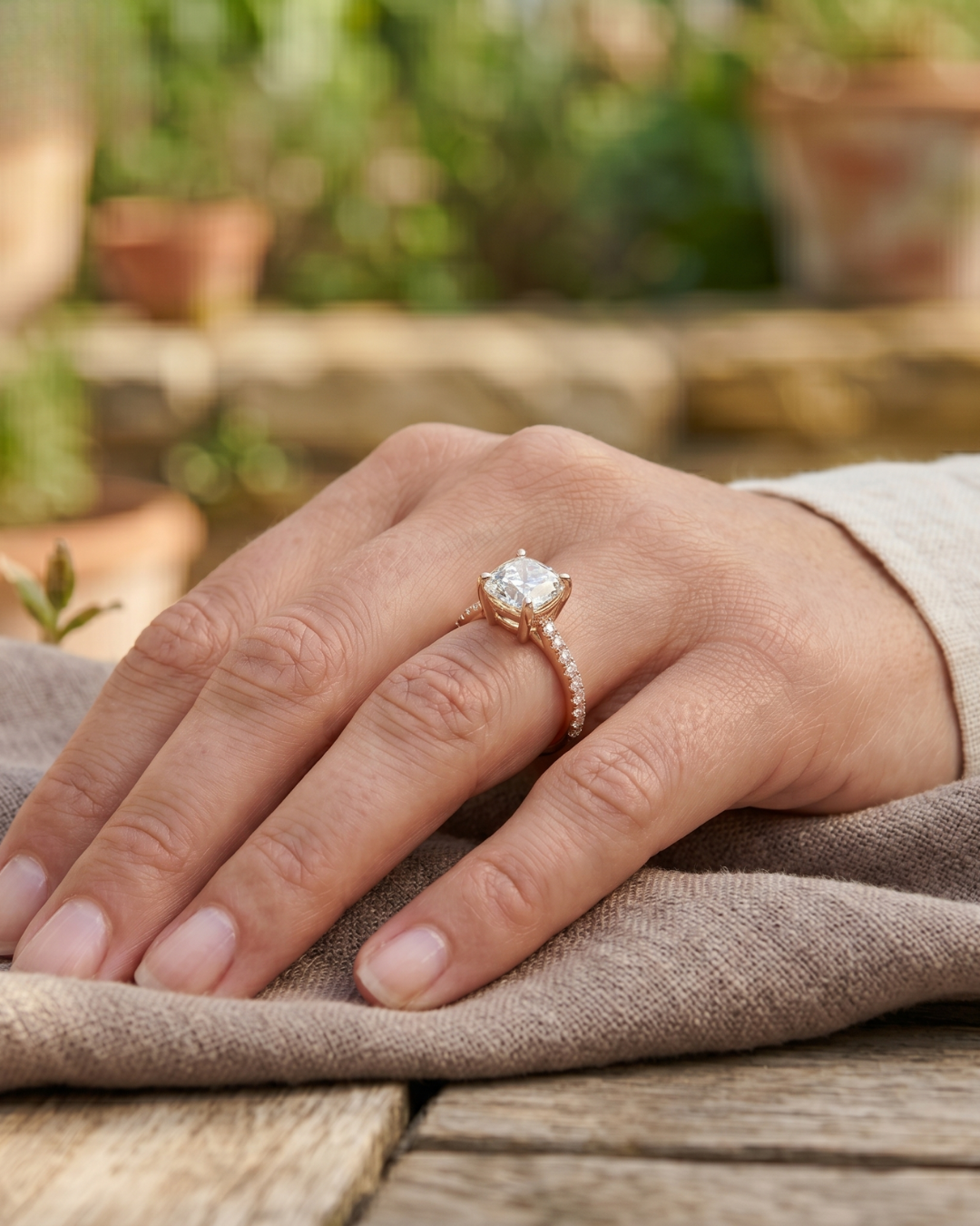 Elegant cushion and round diamond engagement ring for women by Kiashaa Jewellery.