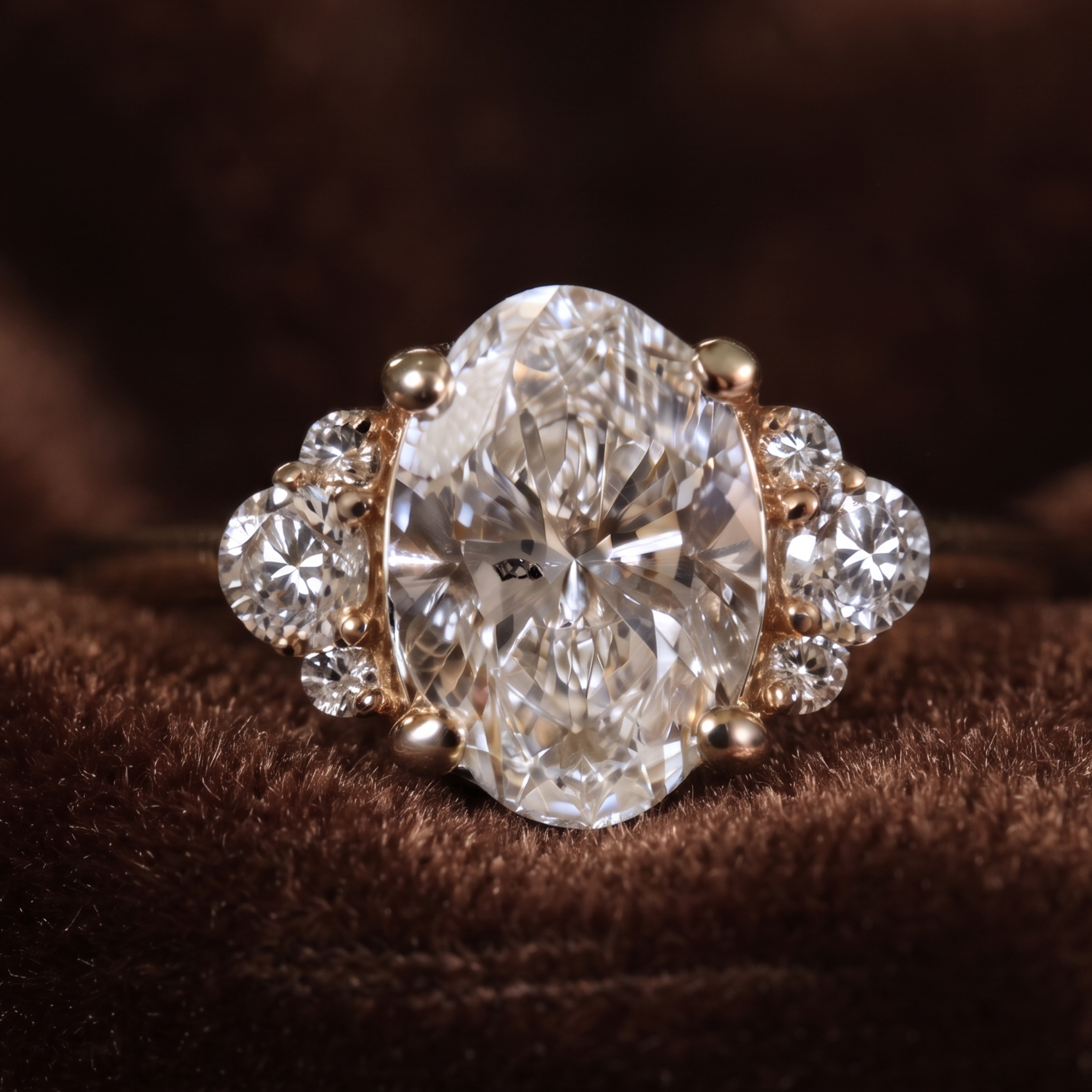 An oval-cut diamond ring with rose gold settings and smaller diamonds on either side, displayed on a textured brown velvet surface.