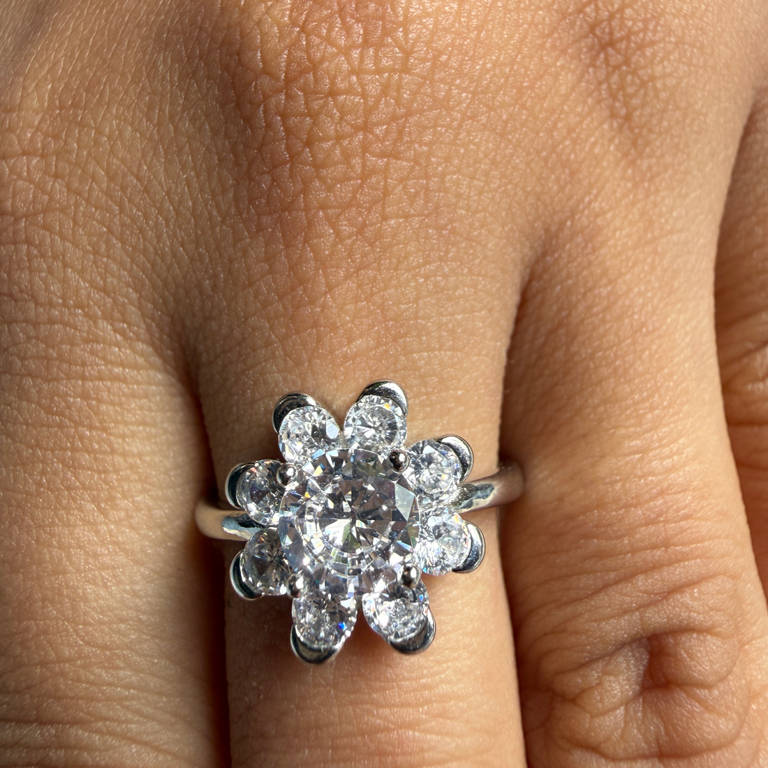 Round floral lab-grown diamond cluster ring in white gold by Kiashaa Jewellery.