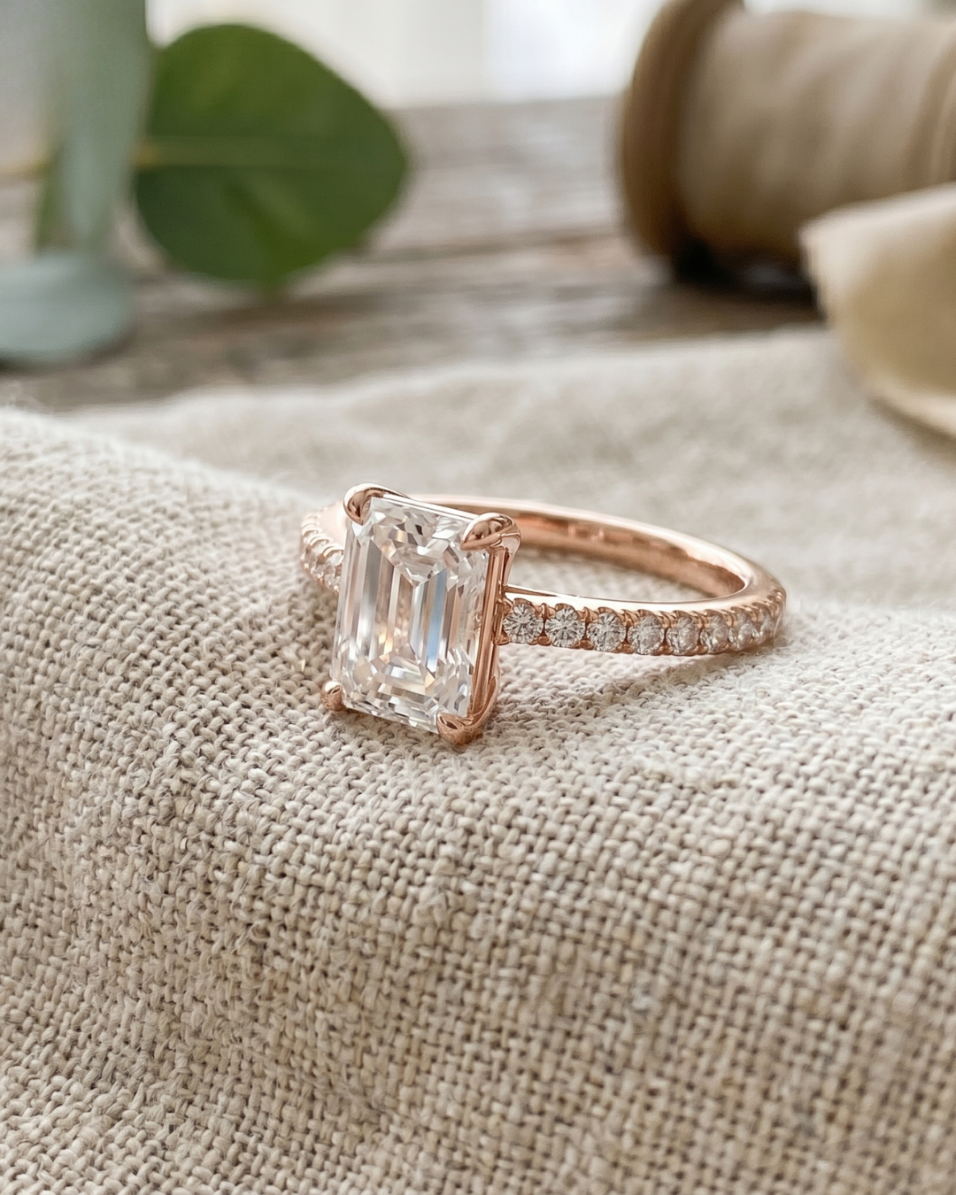 Rose gold radiant lab-grown diamond engagement ring by Kiashaa Jewellery with a delicate round diamond band.