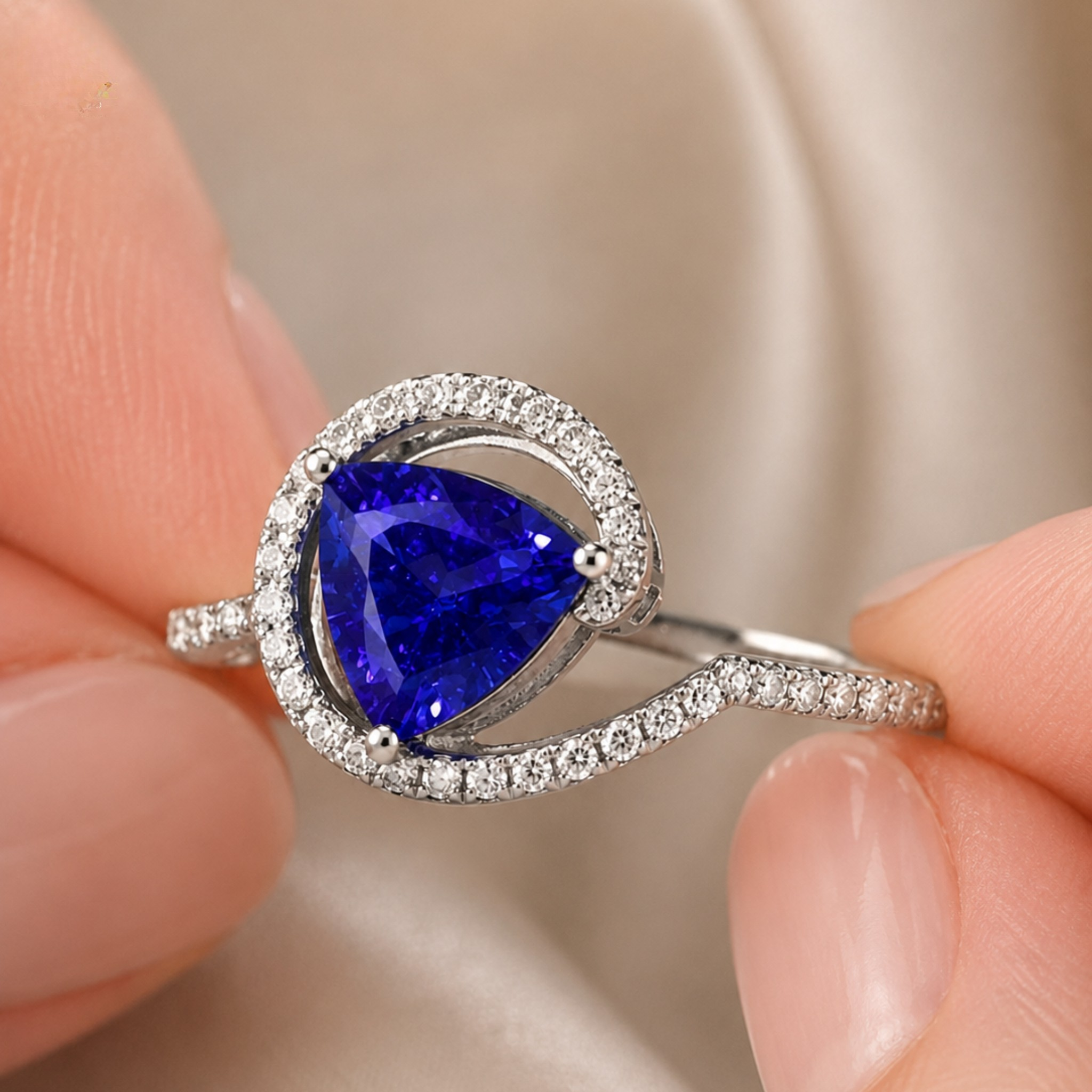 A silver ring with a large pear-cut blue sapphire center stone and a halo of small clear stones, held between fingers against a soft beige satin background.