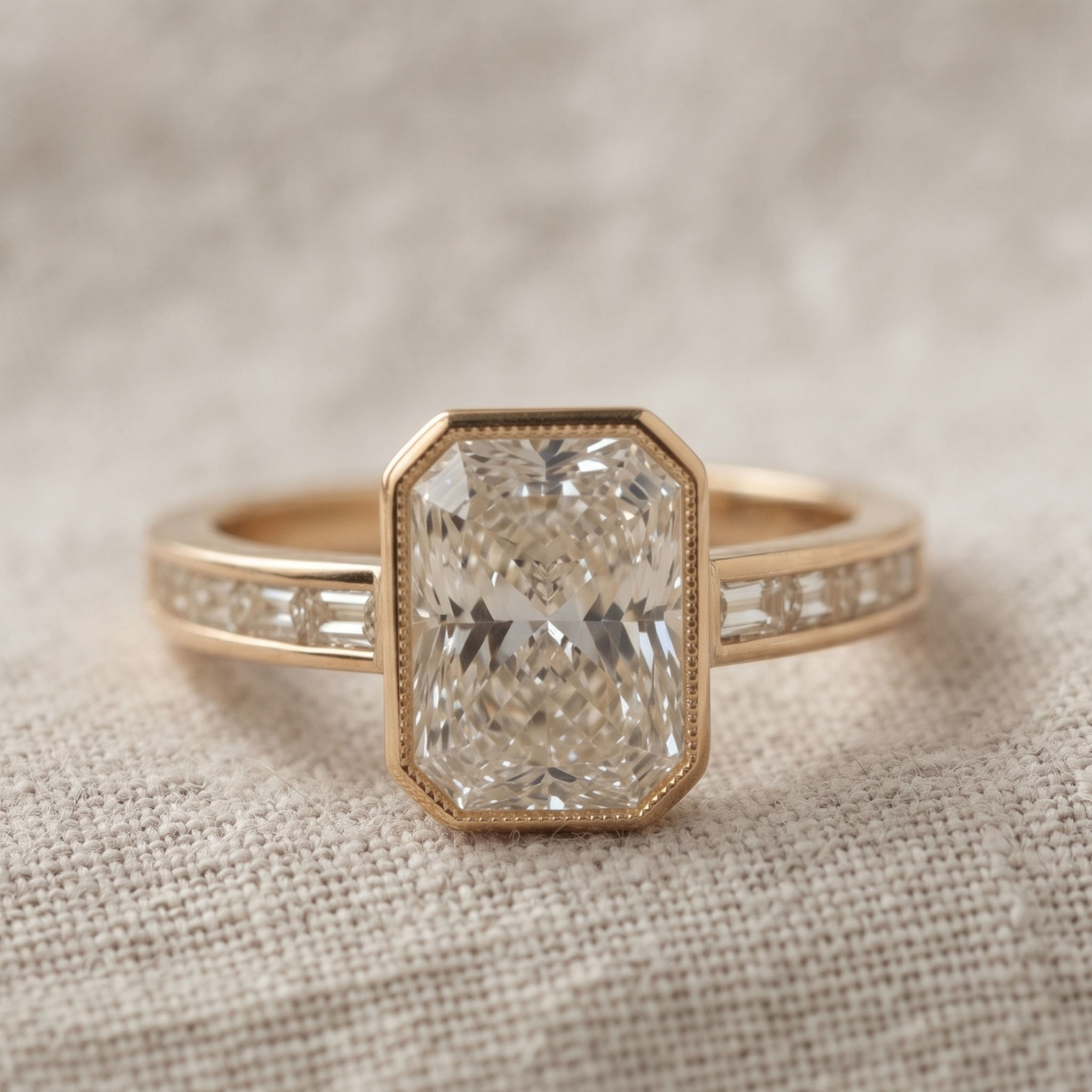 Kiashaa Jewellery 2.89 CTW radiant and baguette diamond ring in polished yellow gold.
