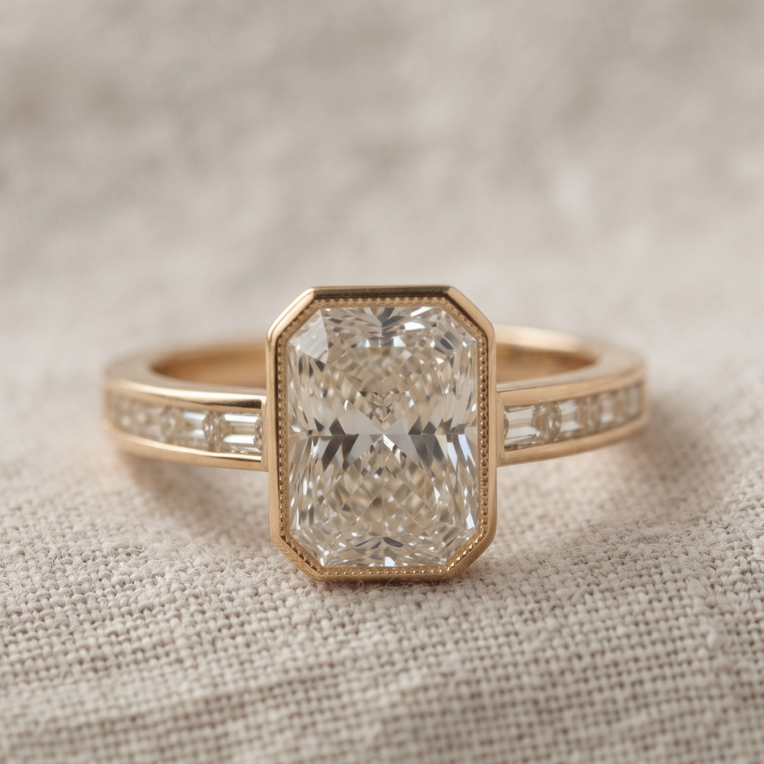 Kiashaa Jewellery 2.89 CTW radiant and baguette diamond ring in polished yellow gold.