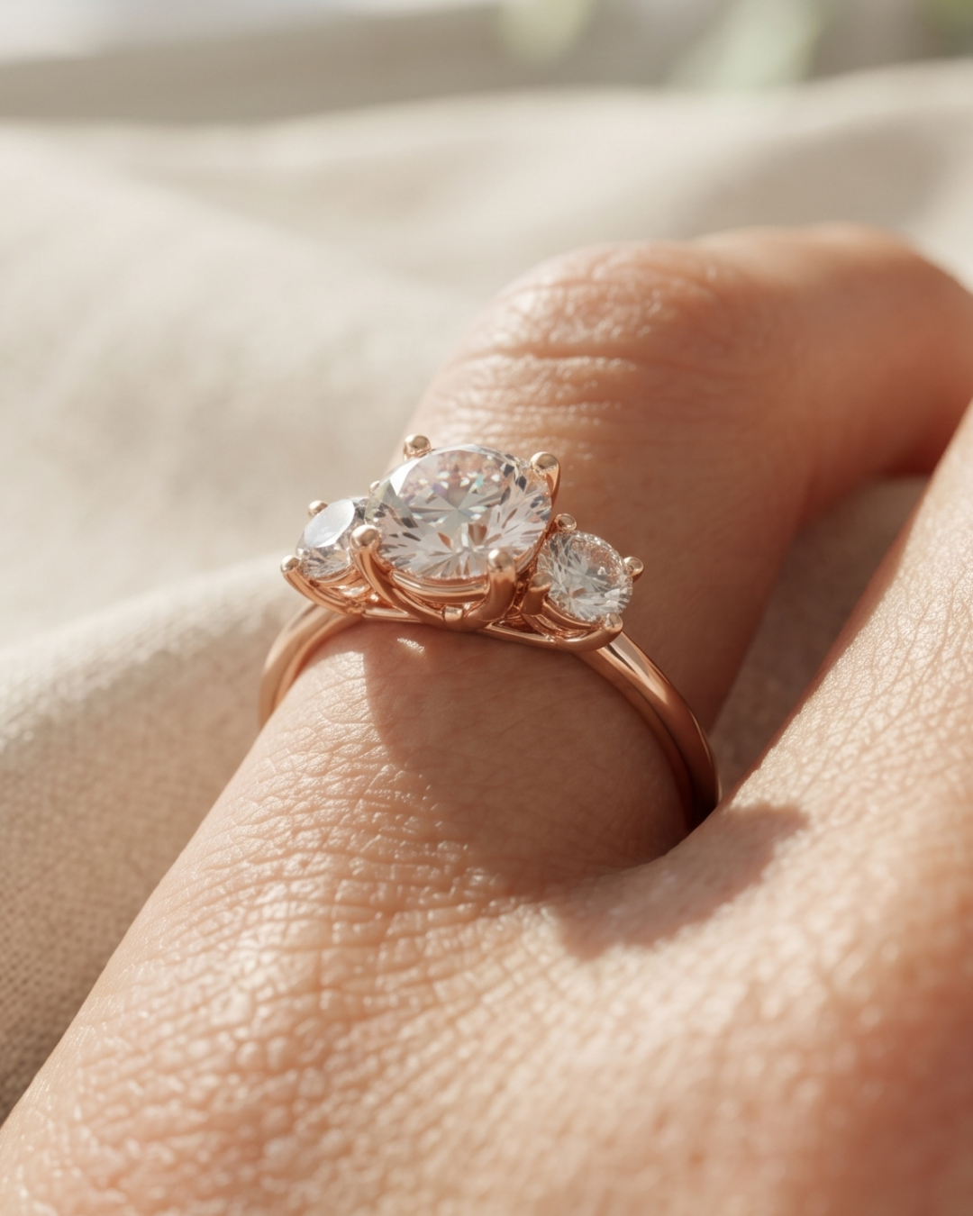Rose gold lab-grown diamond engagement ring by Kiashaa Jewellery with round center and oval side stones.