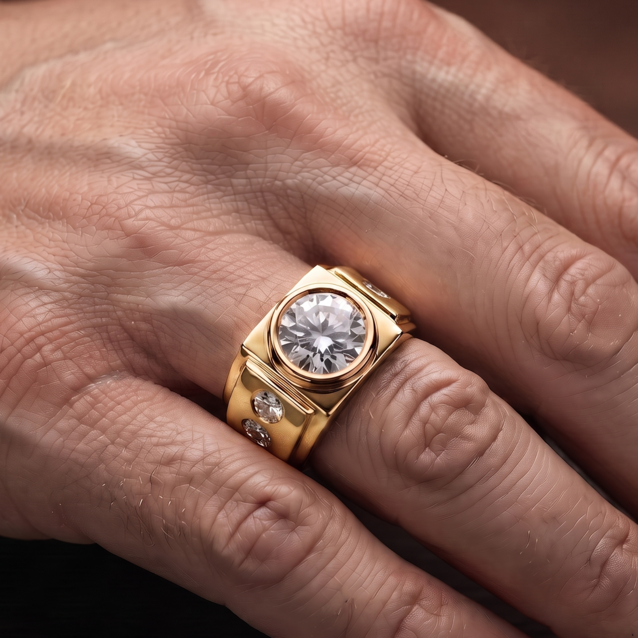 A gold signet-style ring with a large clear round center stone and smaller side stones, shown worn on a person's finger.
