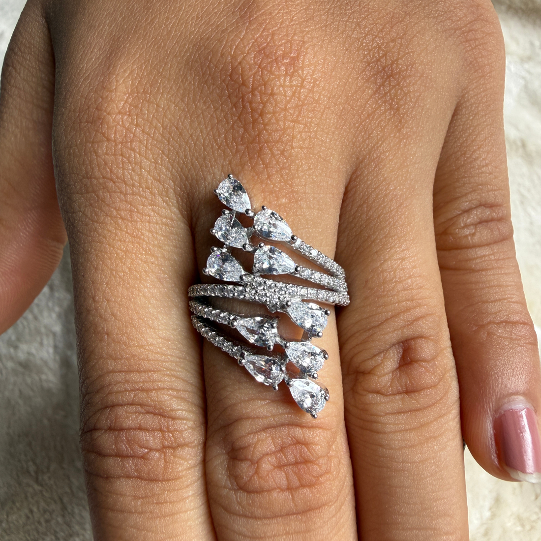 Pear leaf lab-grown diamond wrap ring in white gold by Kiashaa Jewellery.