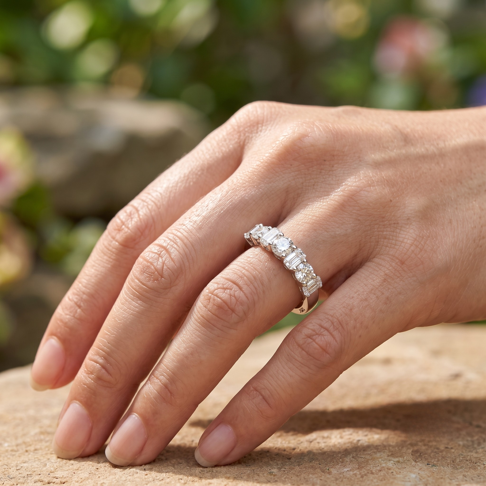 Seven-stone emerald and round diamond anniversary ring by Kiashaa Jewellery