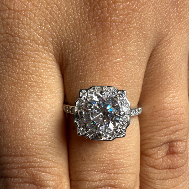 Vintage round lab-grown diamond halo ring in white gold by Kiashaa Jewellery.