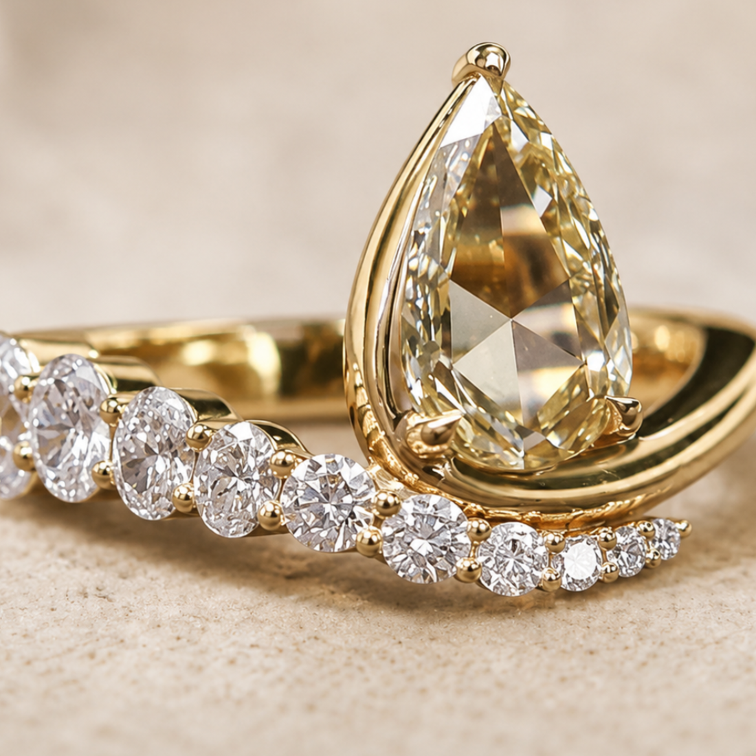 Aurelia 4.50 CTW pear diamond bypass ring by Kiashaa Jewellery featuring a 3 CT pear center diamond in polished yellow gold.