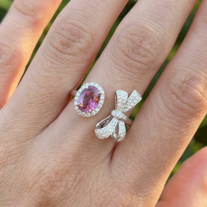 Rosette Bow 3 CTW pink oval diamond open ring by Kiashaa Jewellery in white gold with a bow-inspired diamond design.