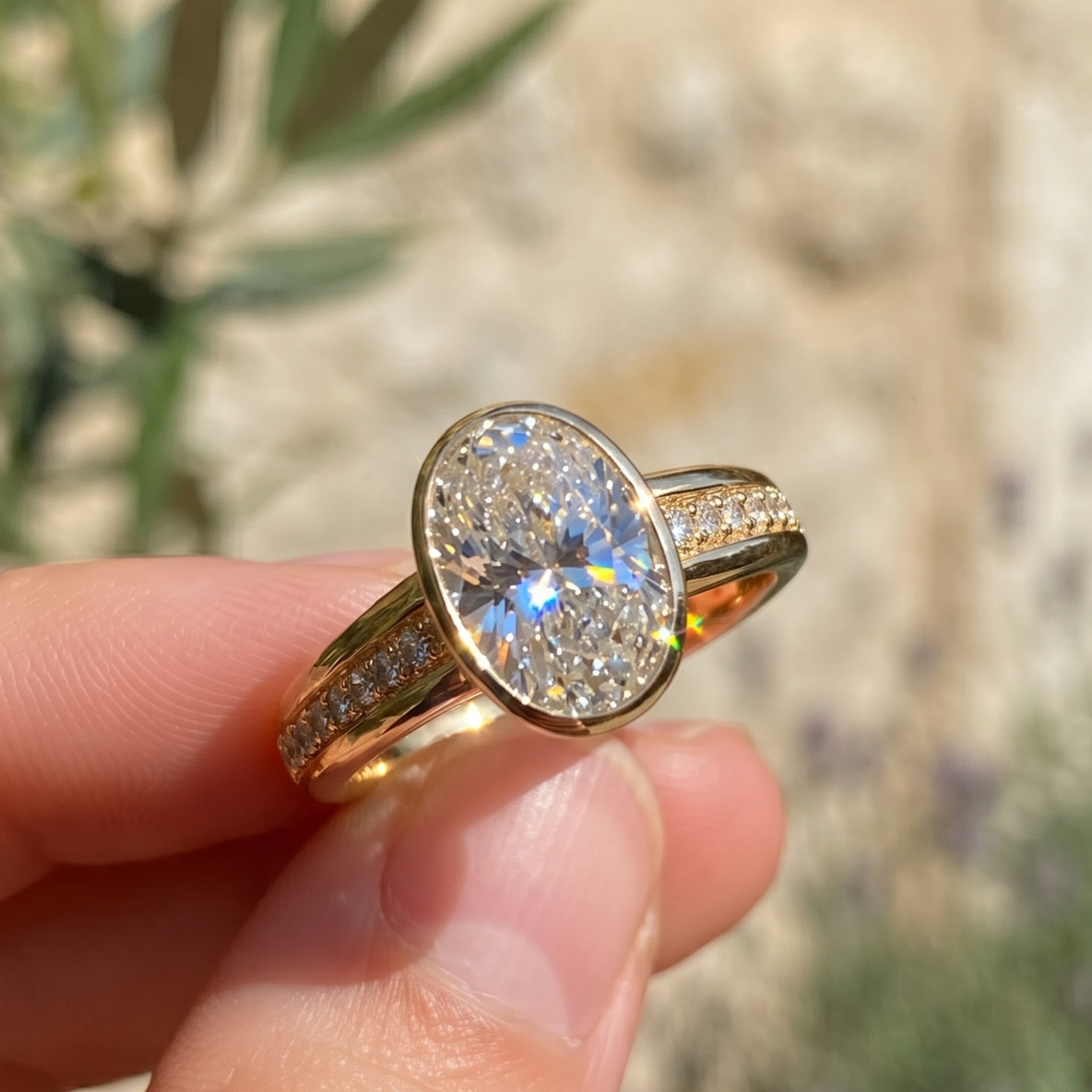 A gold ring with a large oval clear gemstone and pavé-set side stones, held between fingers against a blurred outdoor background.