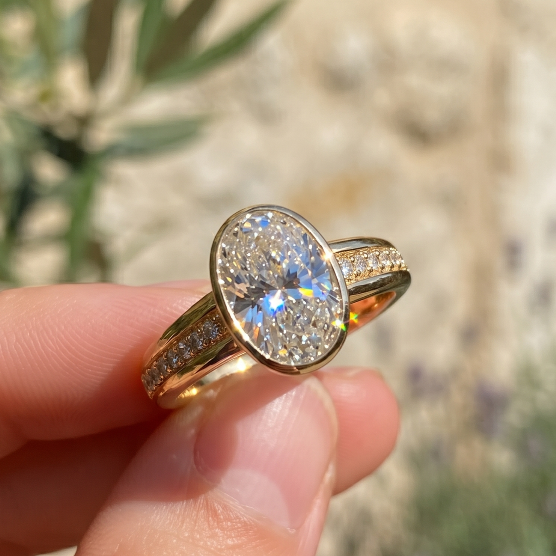 A gold ring with a large oval clear gemstone and pavé-set side stones, held between fingers against a blurred outdoor background.